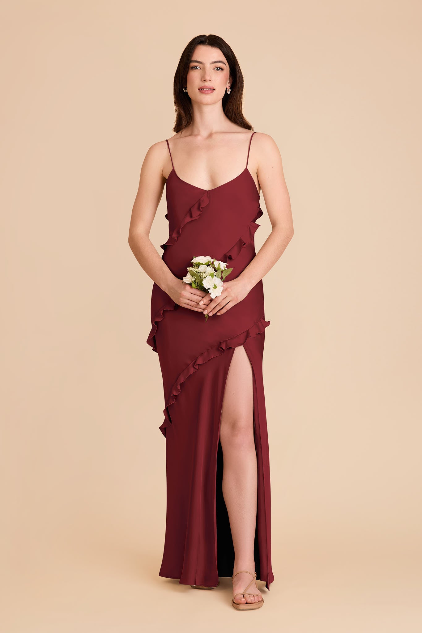 Matte Satin Dress with Ruffles | Valentina Burgundy