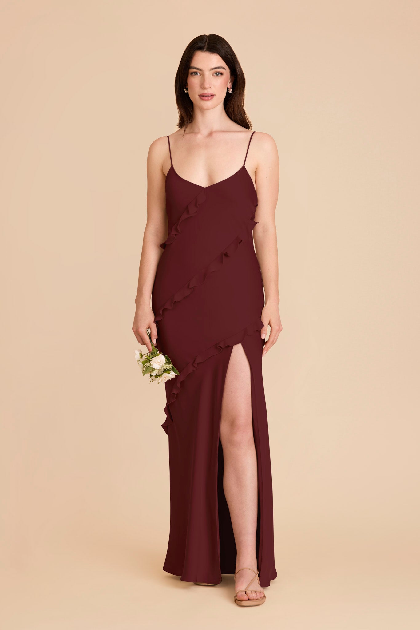 Matte Satin Dress with Ruffles | Valentina Cabernet