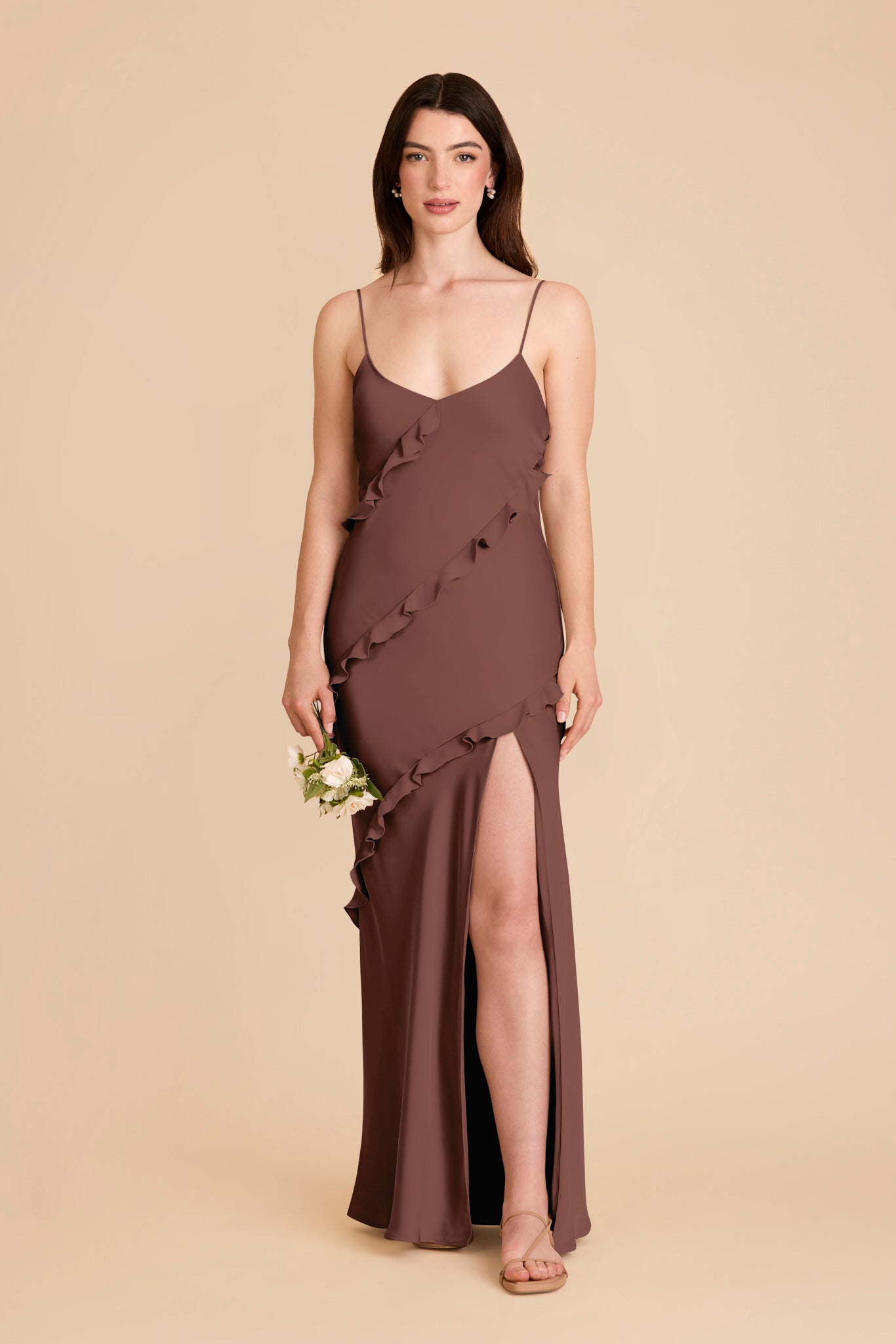 Matte Satin Dress with Ruffles | Valentina Chocolate Brown