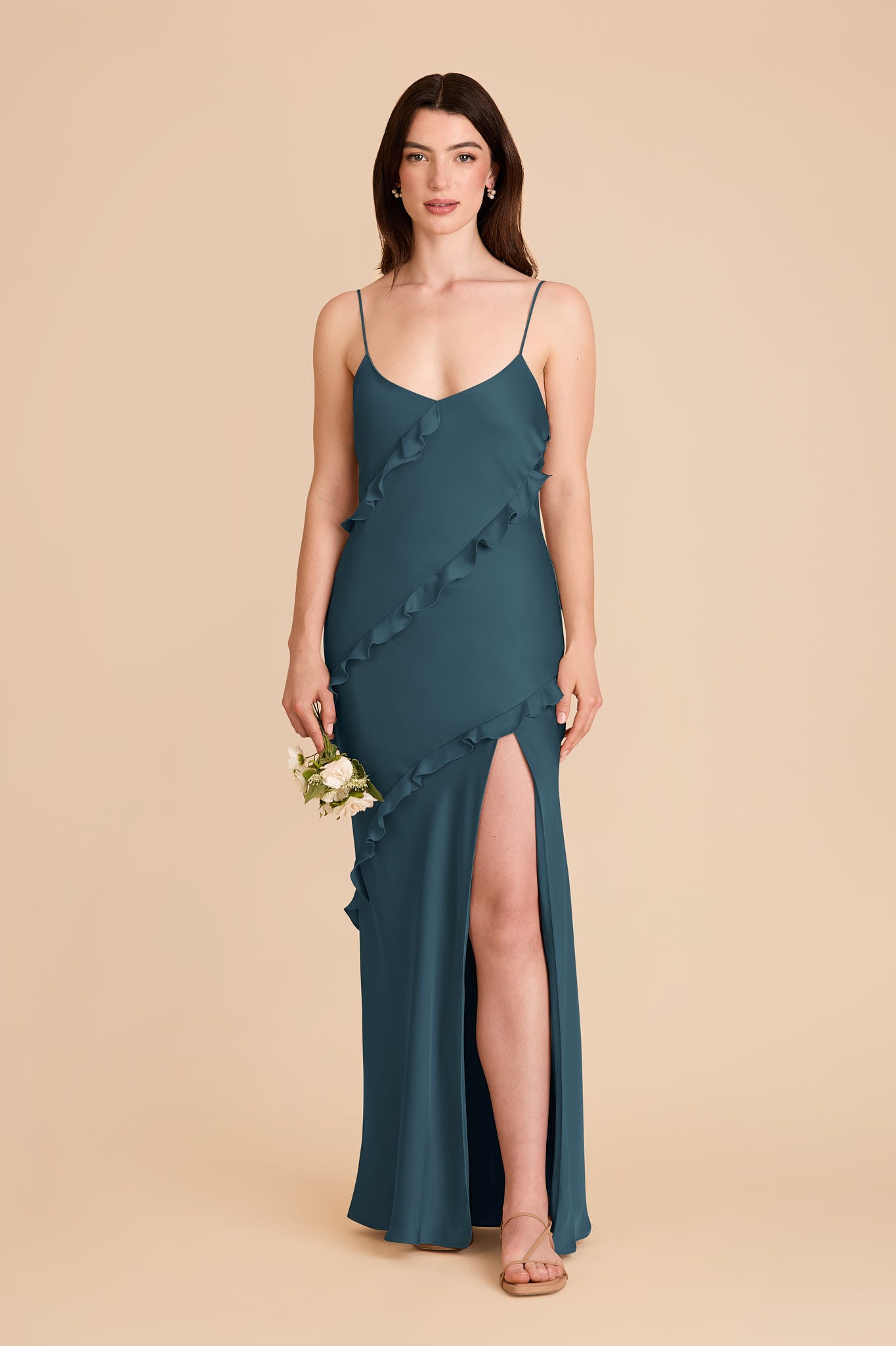 Matte Satin Dress with Ruffles | Valentina Dark Teal