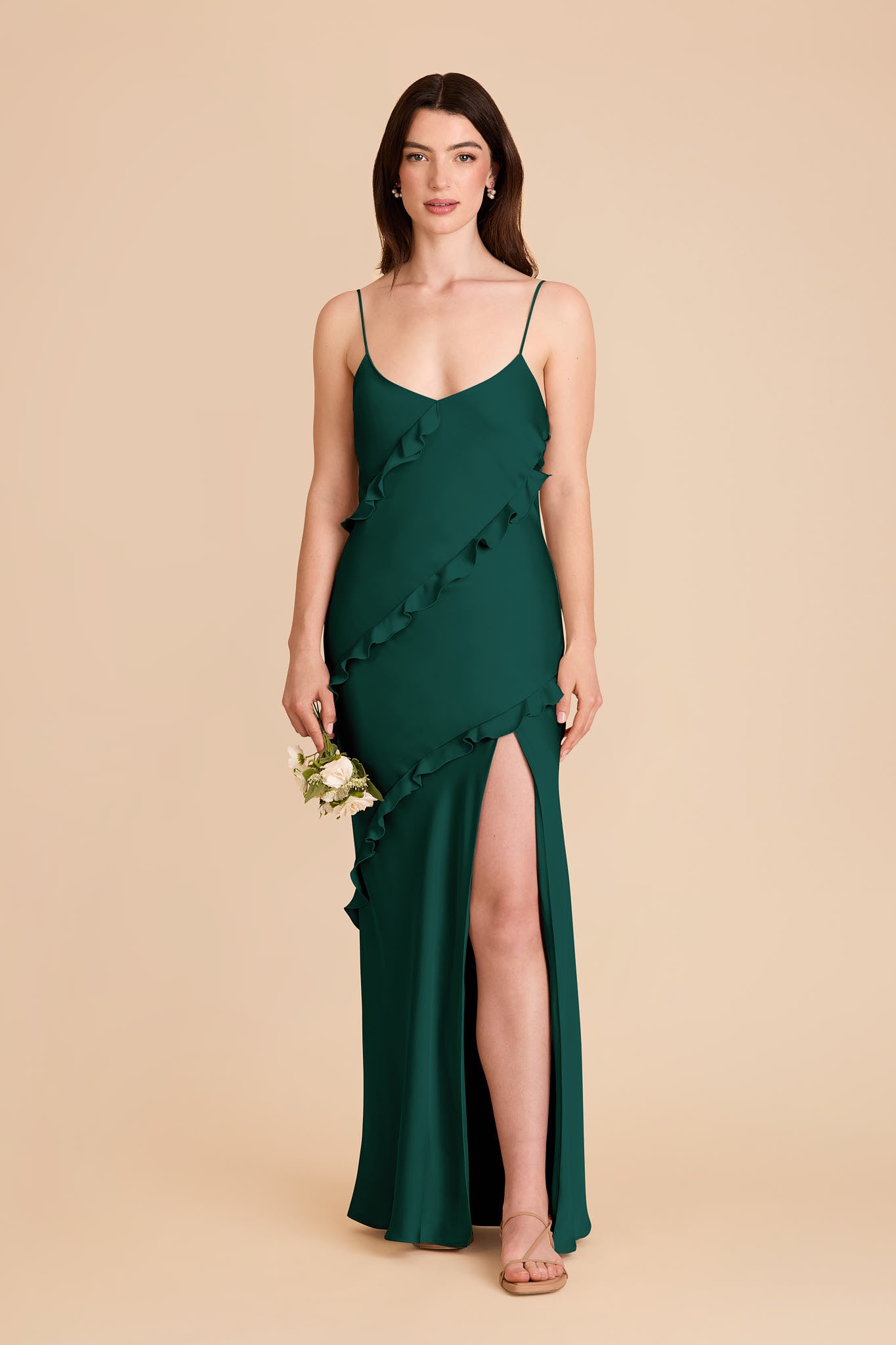 Matte Satin Dress with Ruffles | Valentina Emerald