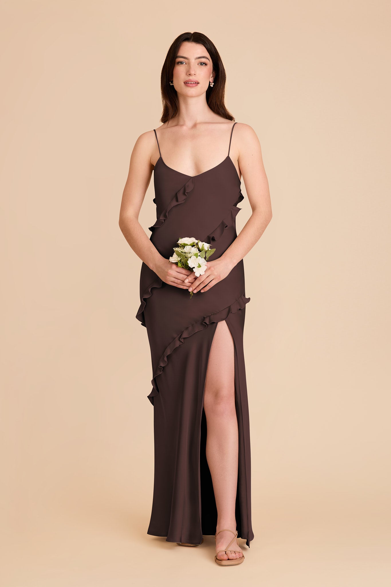 Matte Satin Dress with Ruffles | Valentina Espresso