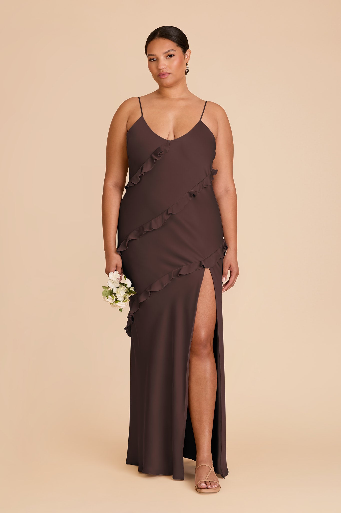 Matte Satin Dress with Ruffles | Valentina Espresso
