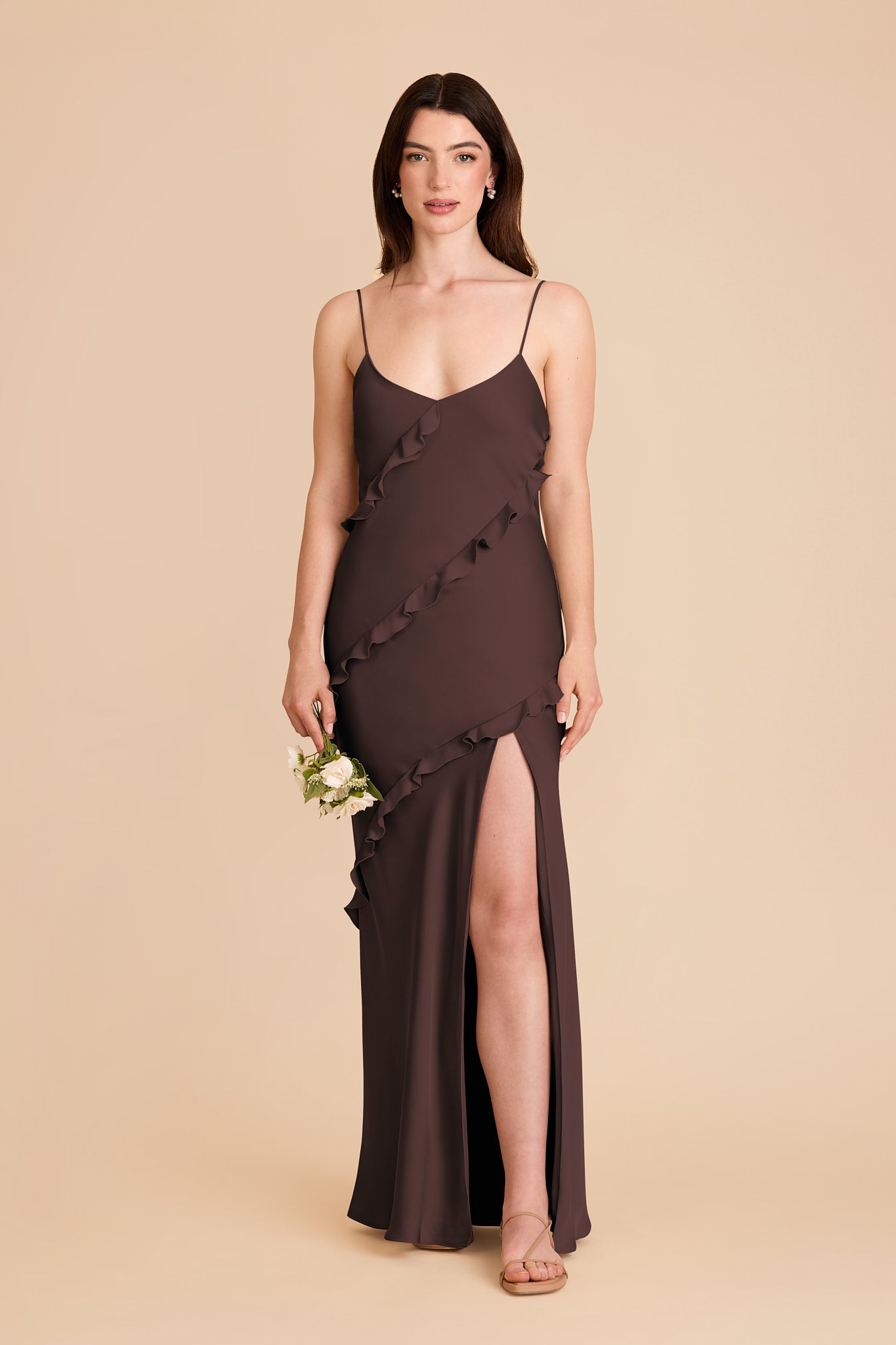 Matte Satin Dress with Ruffles | Valentina Espresso