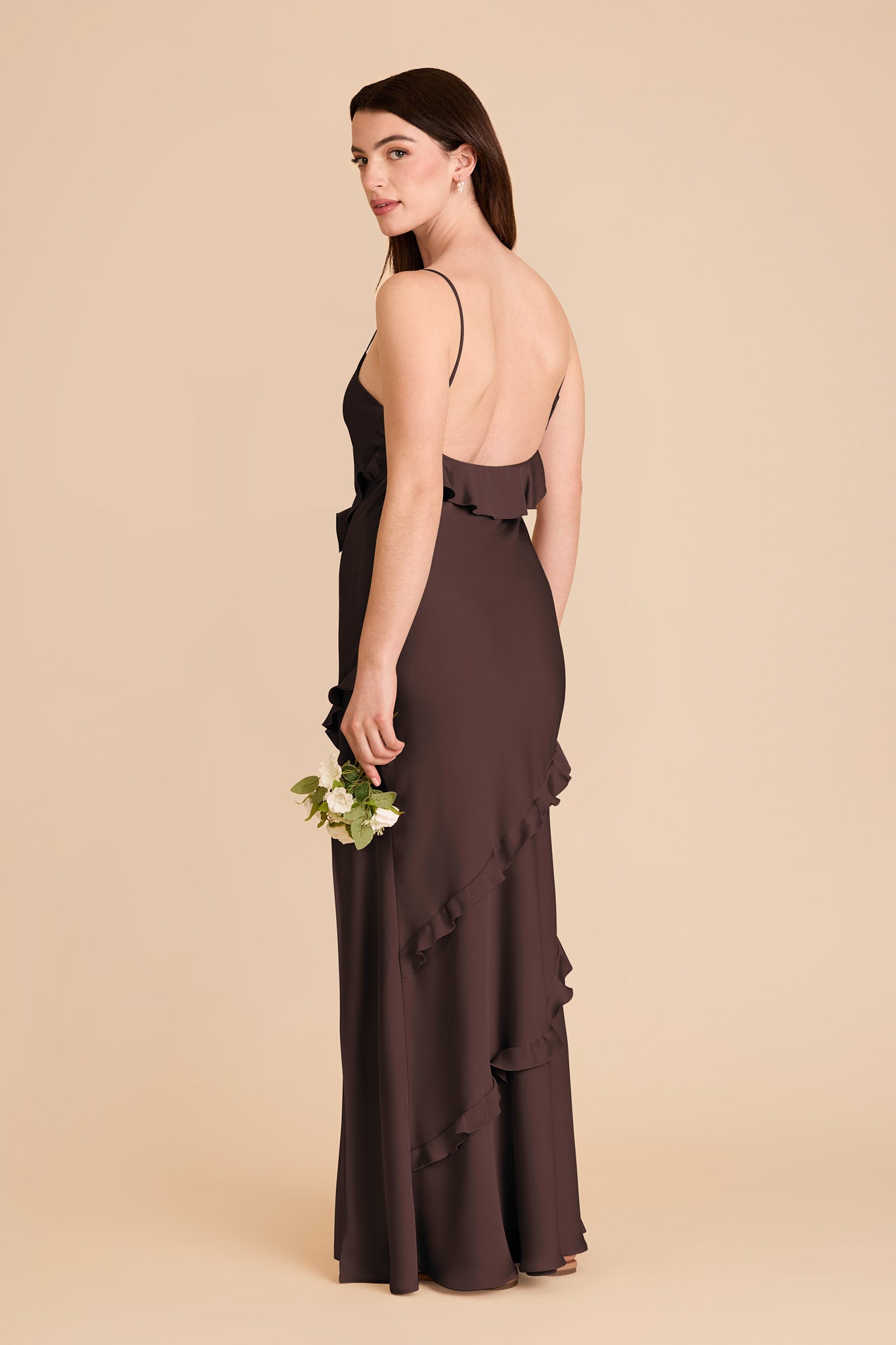Matte Satin Dress with Ruffles | Valentina Espresso