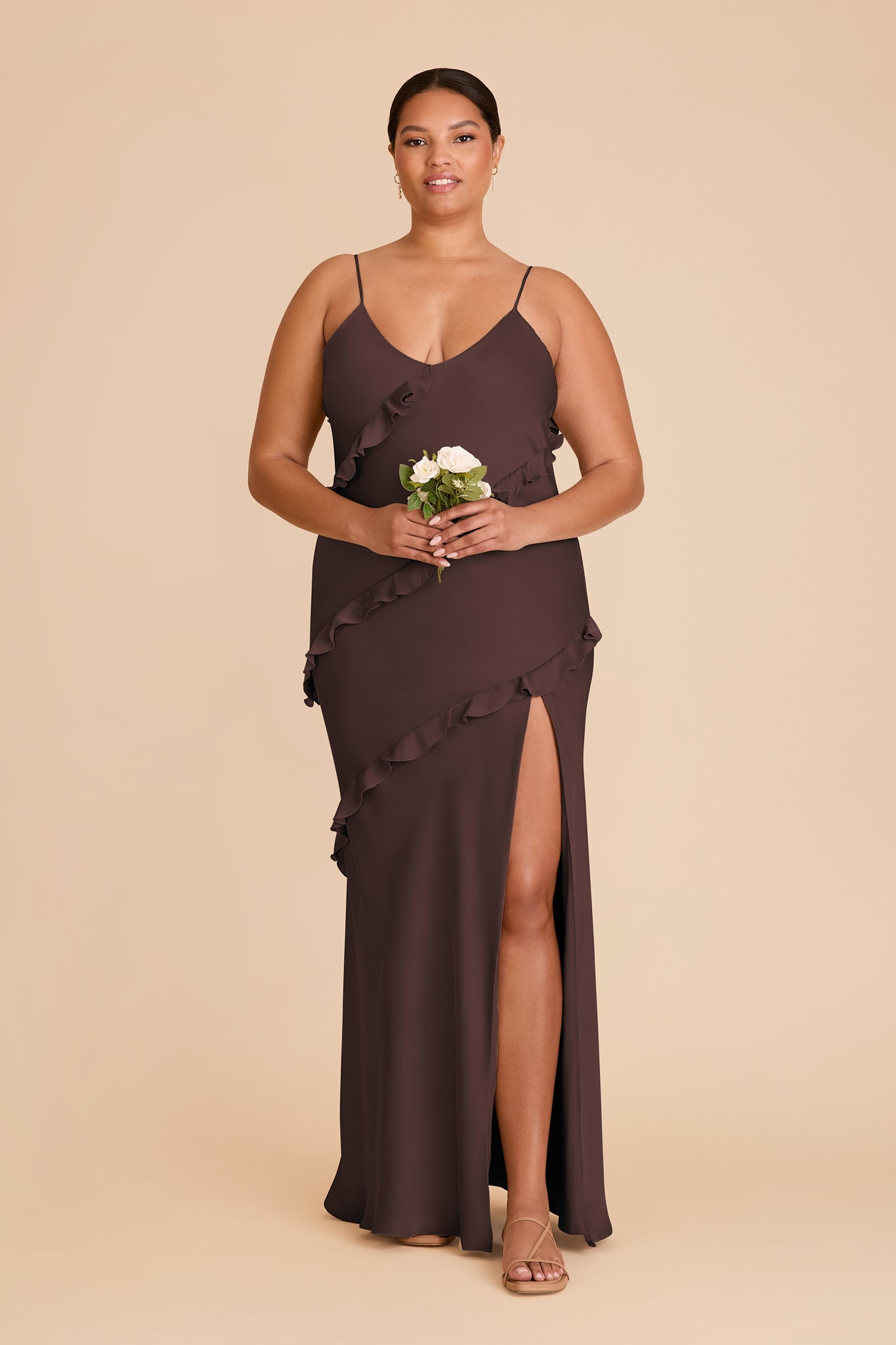 Matte Satin Dress with Ruffles | Valentina Espresso