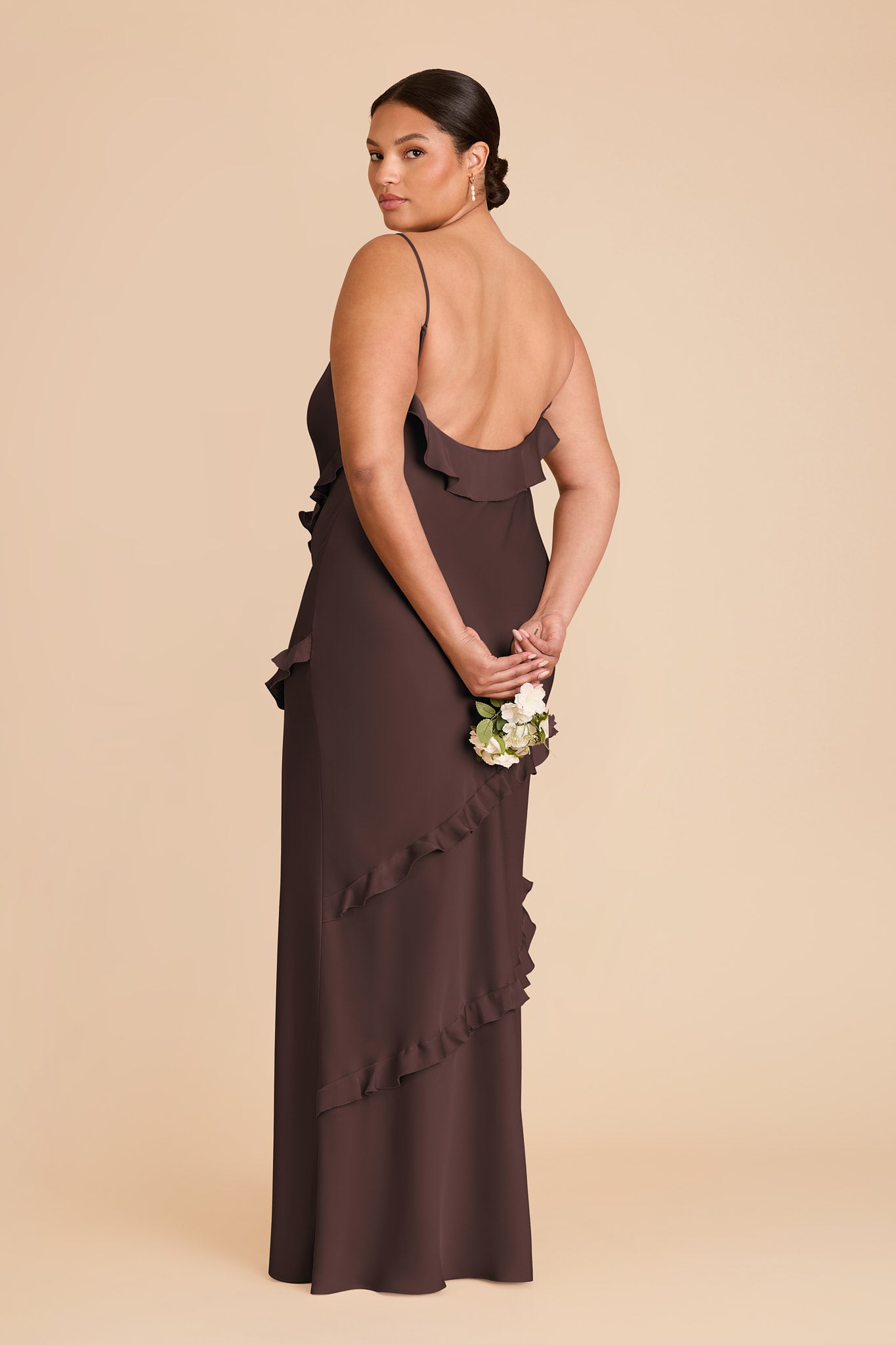 Matte Satin Dress with Ruffles | Valentina Espresso