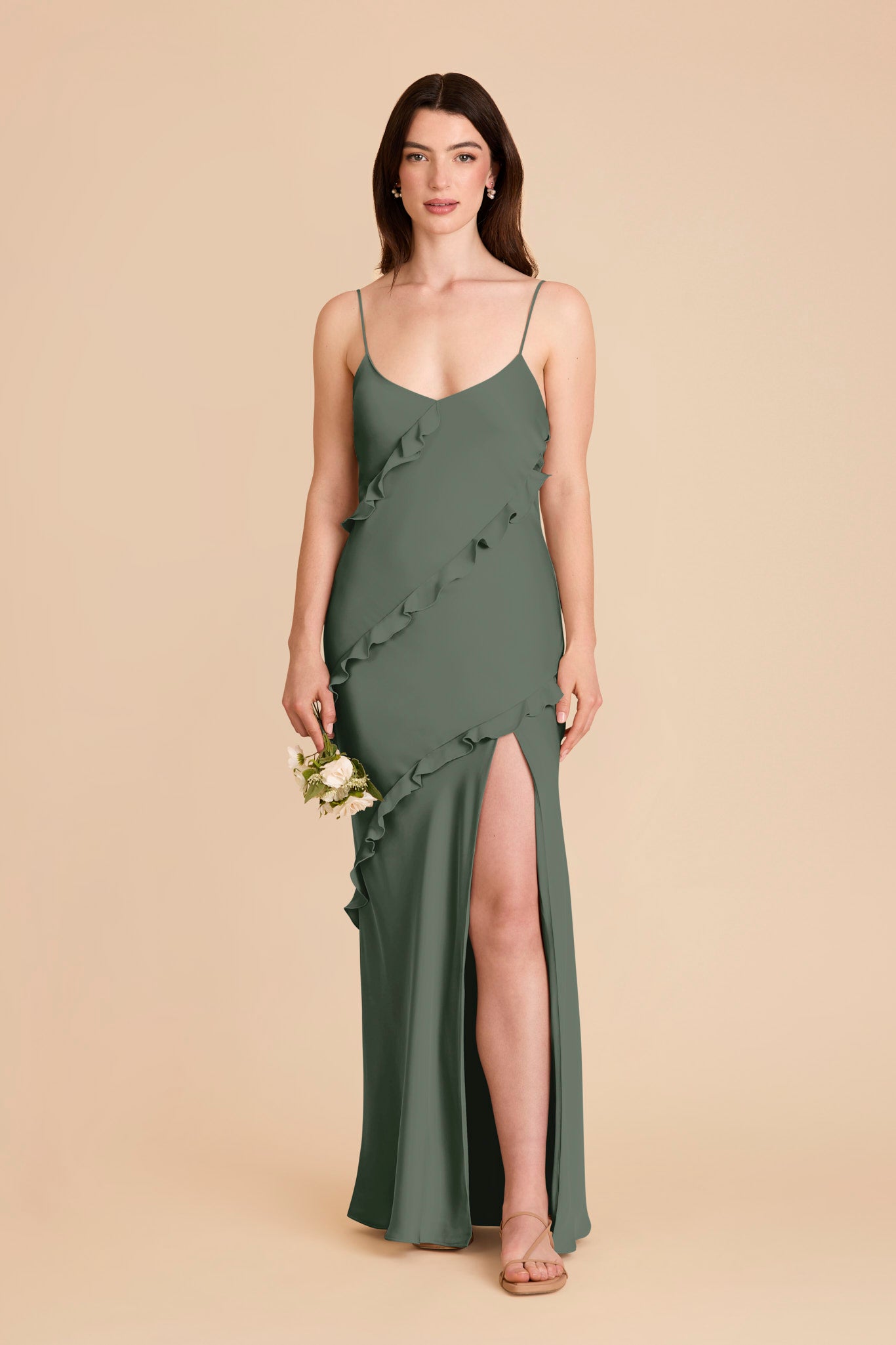 Matte Satin Dress with Ruffles | Valentina - Eucalyptus