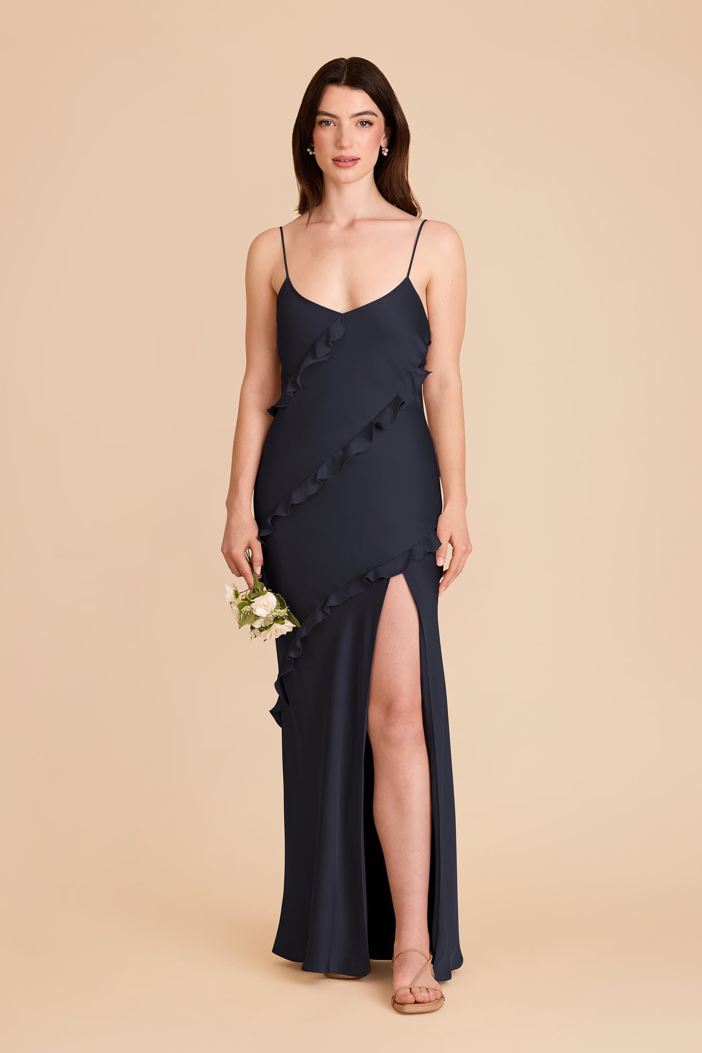 Matte Satin Dress with Ruffles | Valentina Navy