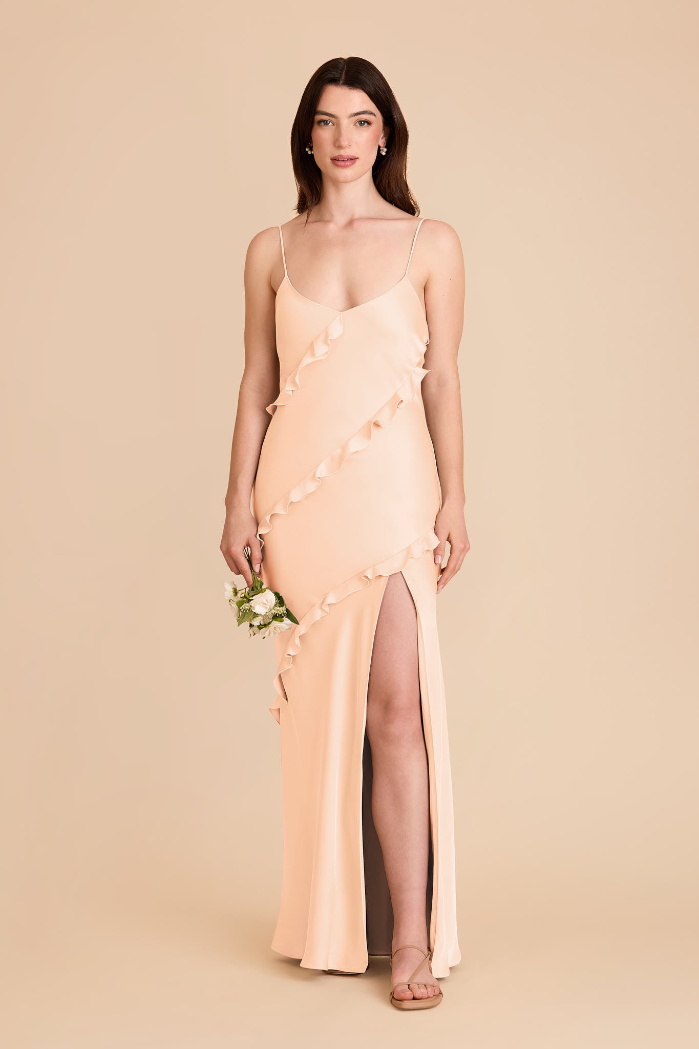 Matte Satin Dress with Ruffles | Valentina Peach Cream