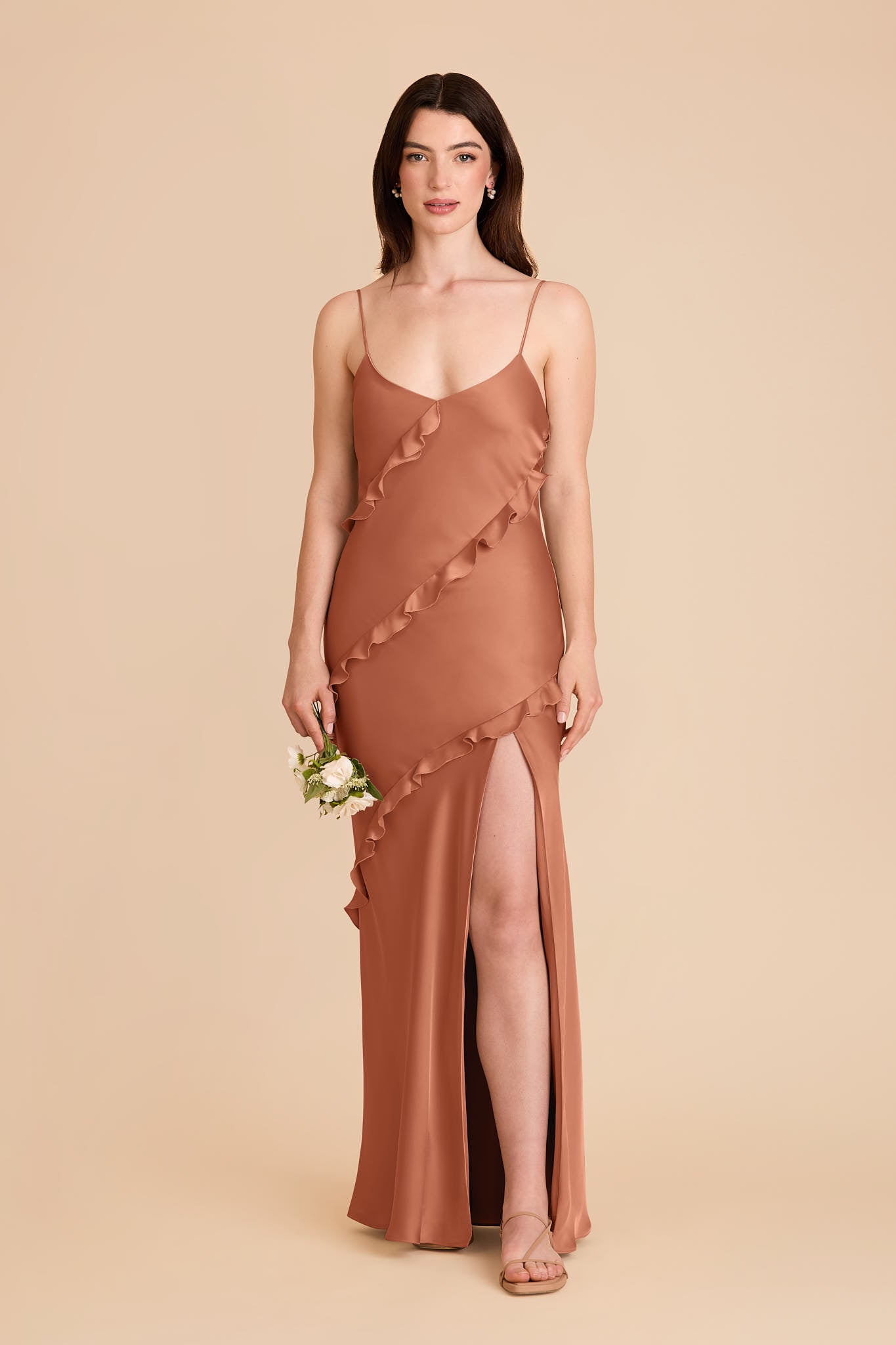 Matte Satin Dress with Ruffles | Valentina Terracotta