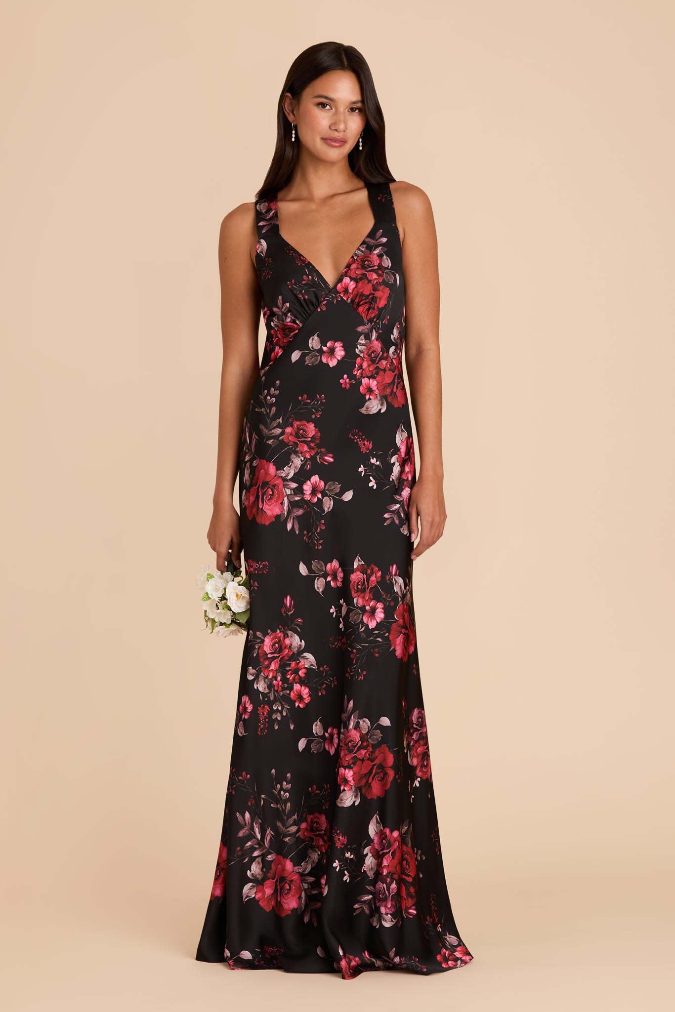 Matte Satin V-Neck Gown - Veronica Black Fleurs D'Amour