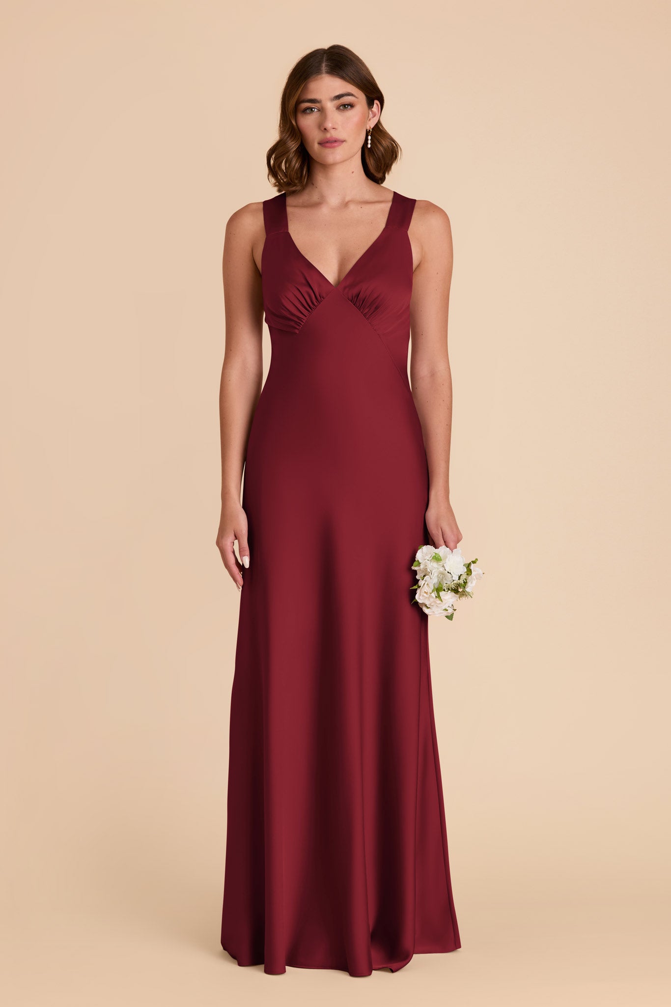 Burgundy Satin A-Line Dress with V-Neck | Veronica