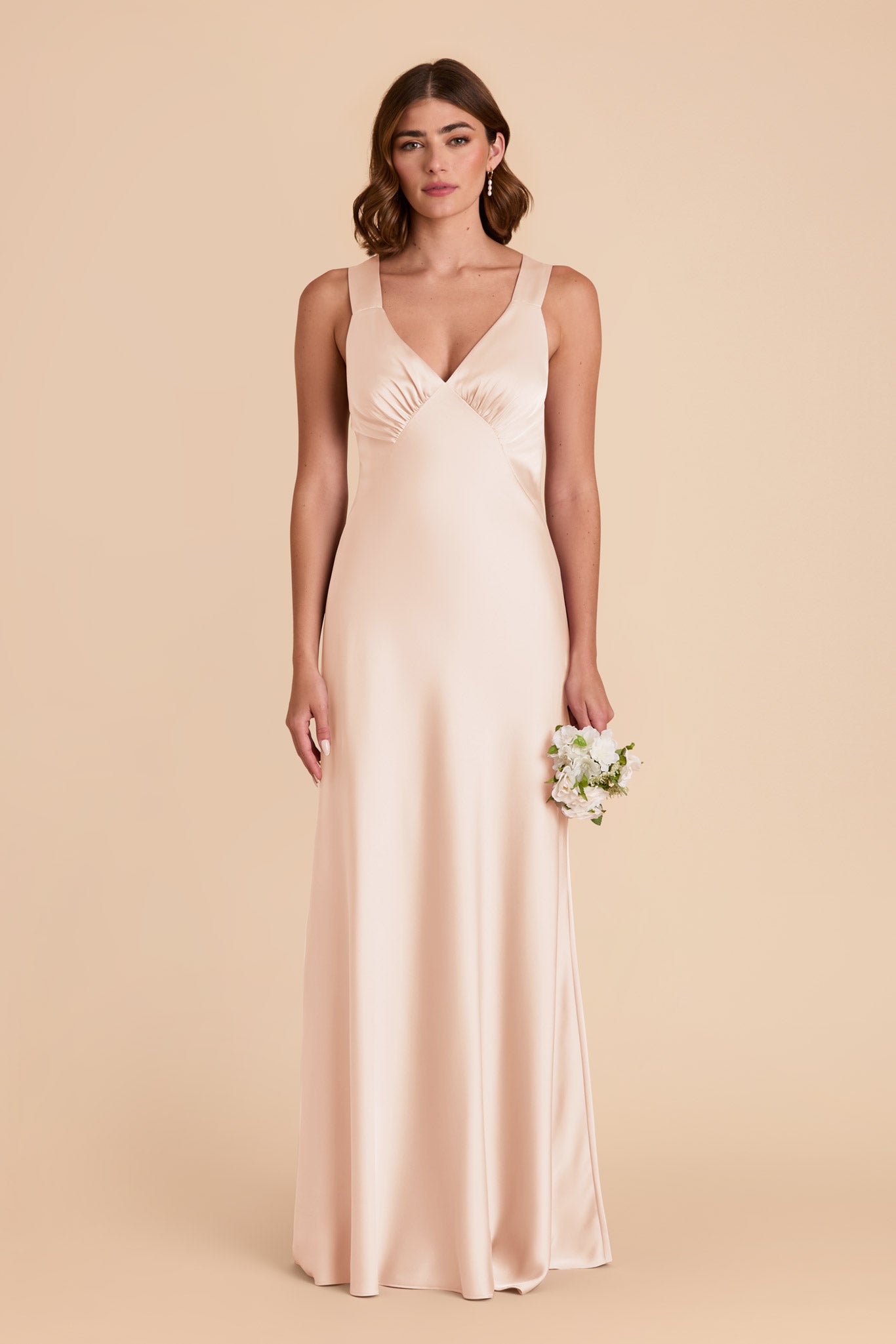Champagne Satin V-Neck Dress with A-Line Skirt | Veronica