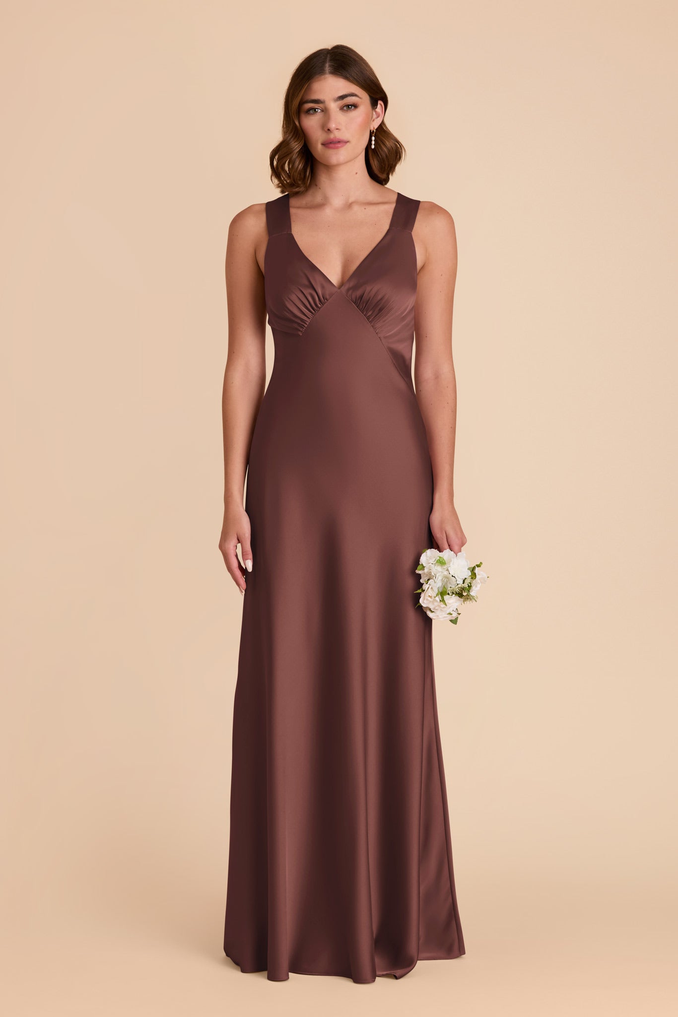 Chocolate Brown Satin Dress with V-Neck & A-Line Skirt | Veronica