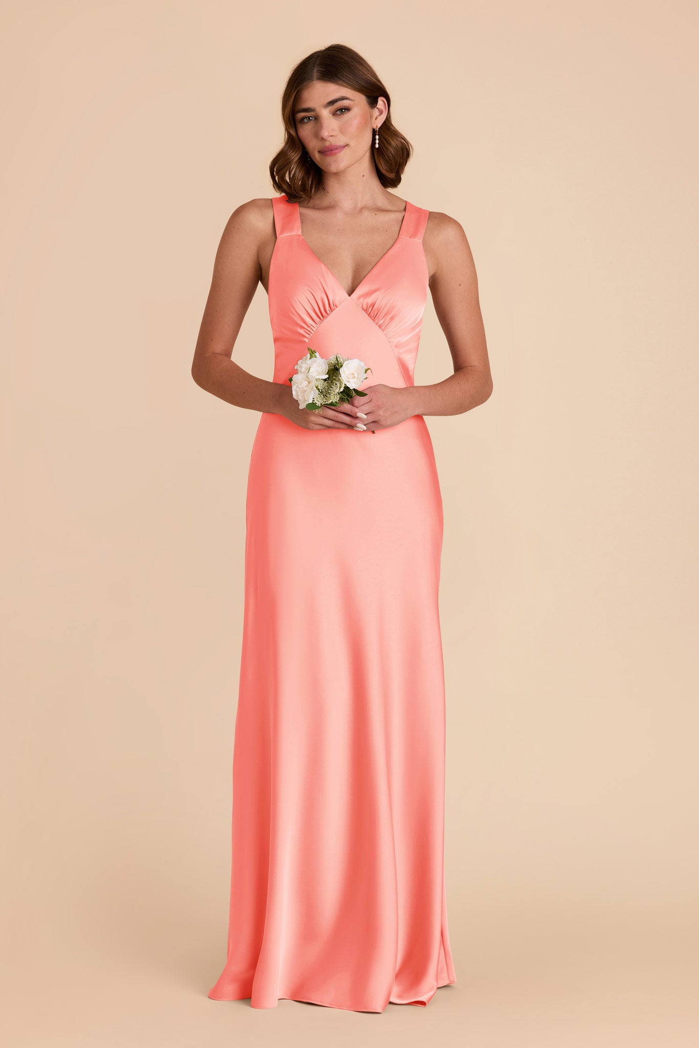Matte Satin Dress with V-Neck & A-Line Skirt | Veronica Coral Pink
