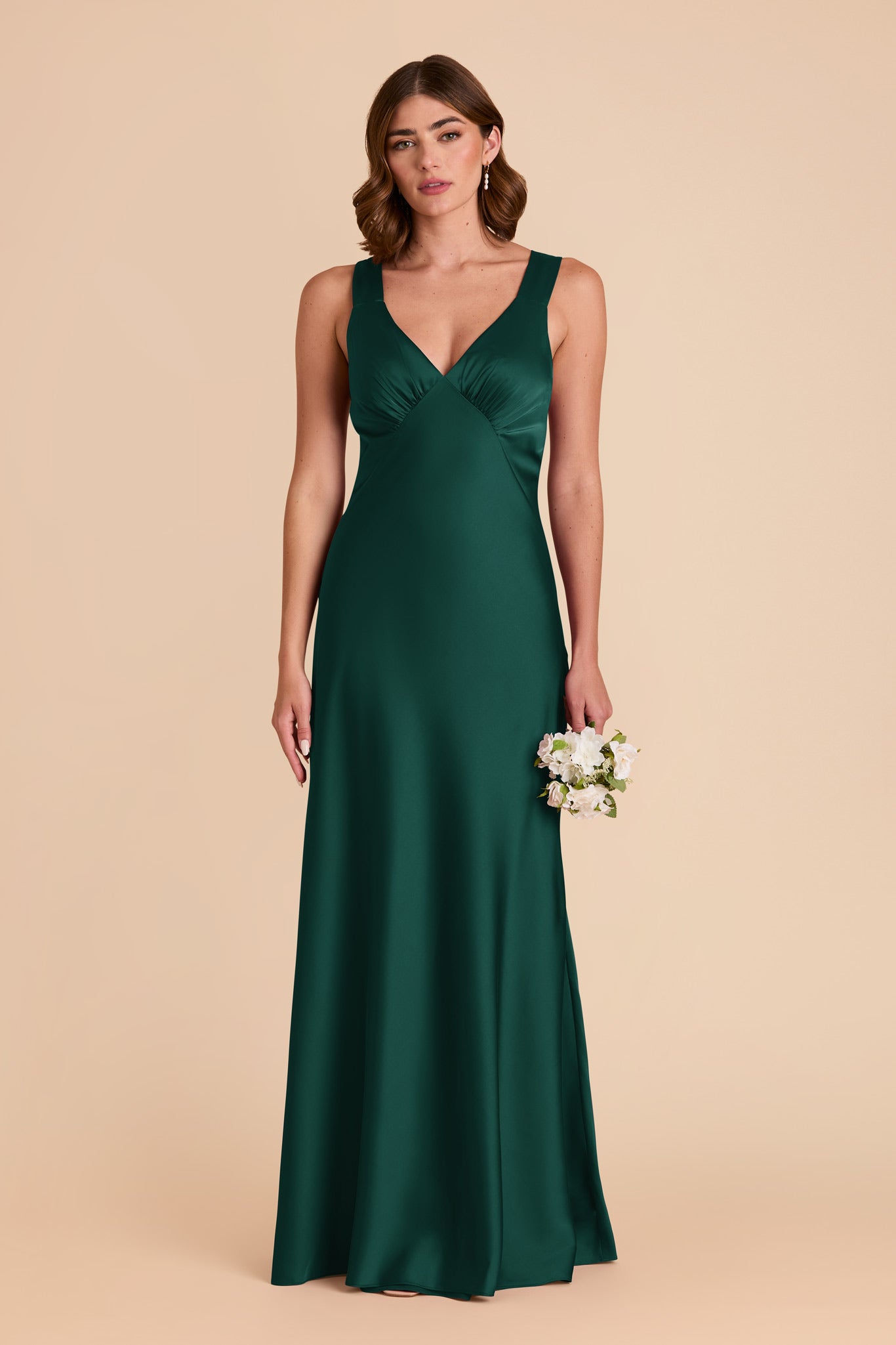 Emerald Green Satin V-Neck Dress with A-Line Skirt | Veronica