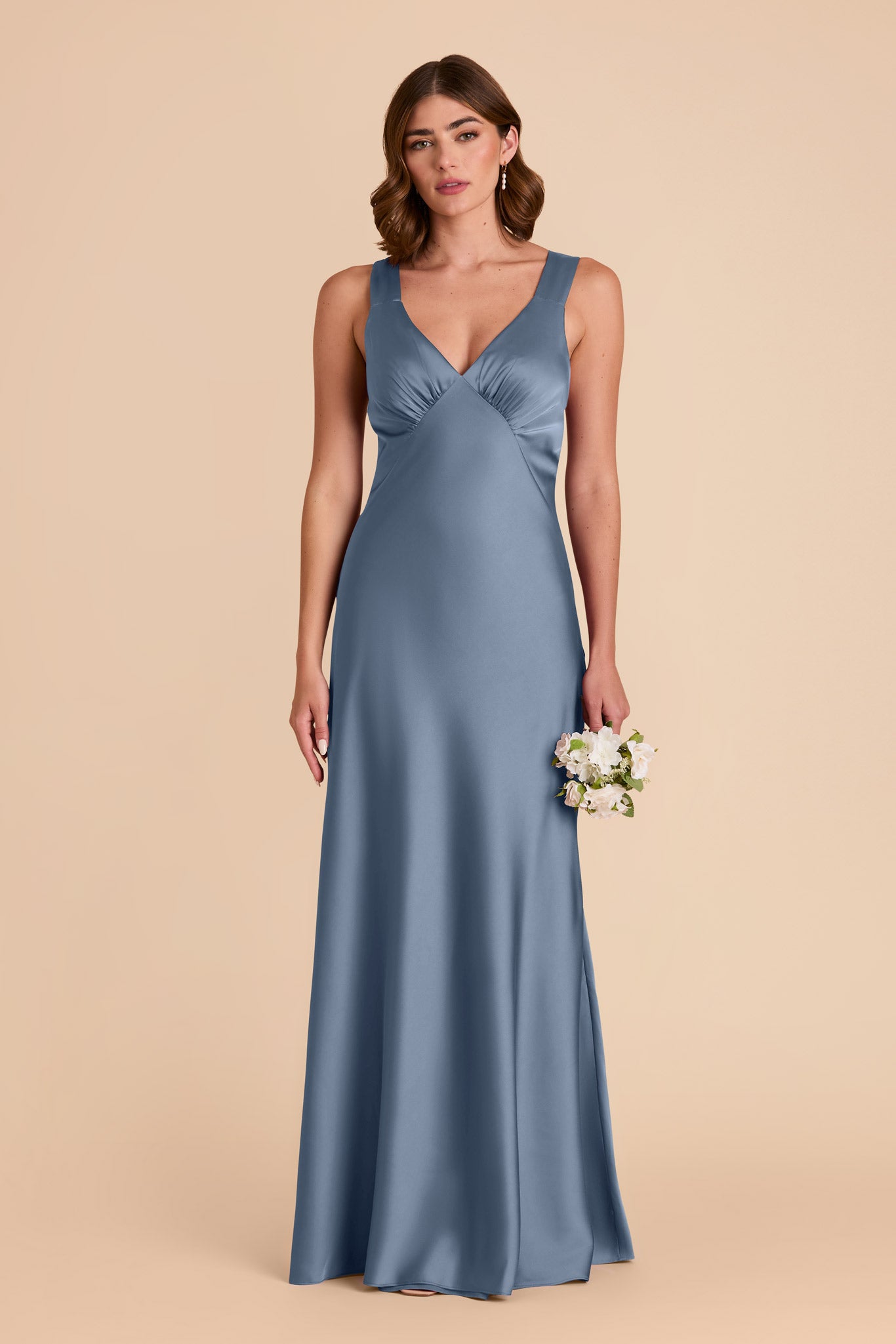 French Blue Satin Dress with V-Neck & A-Line Skirt | Veronica