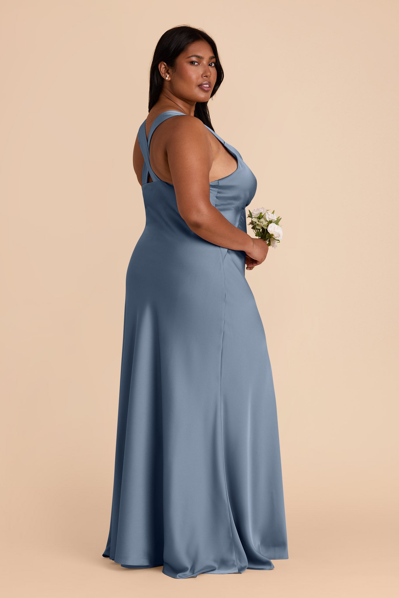 French Blue Satin Dress with V-Neck & A-Line Skirt | Veronica