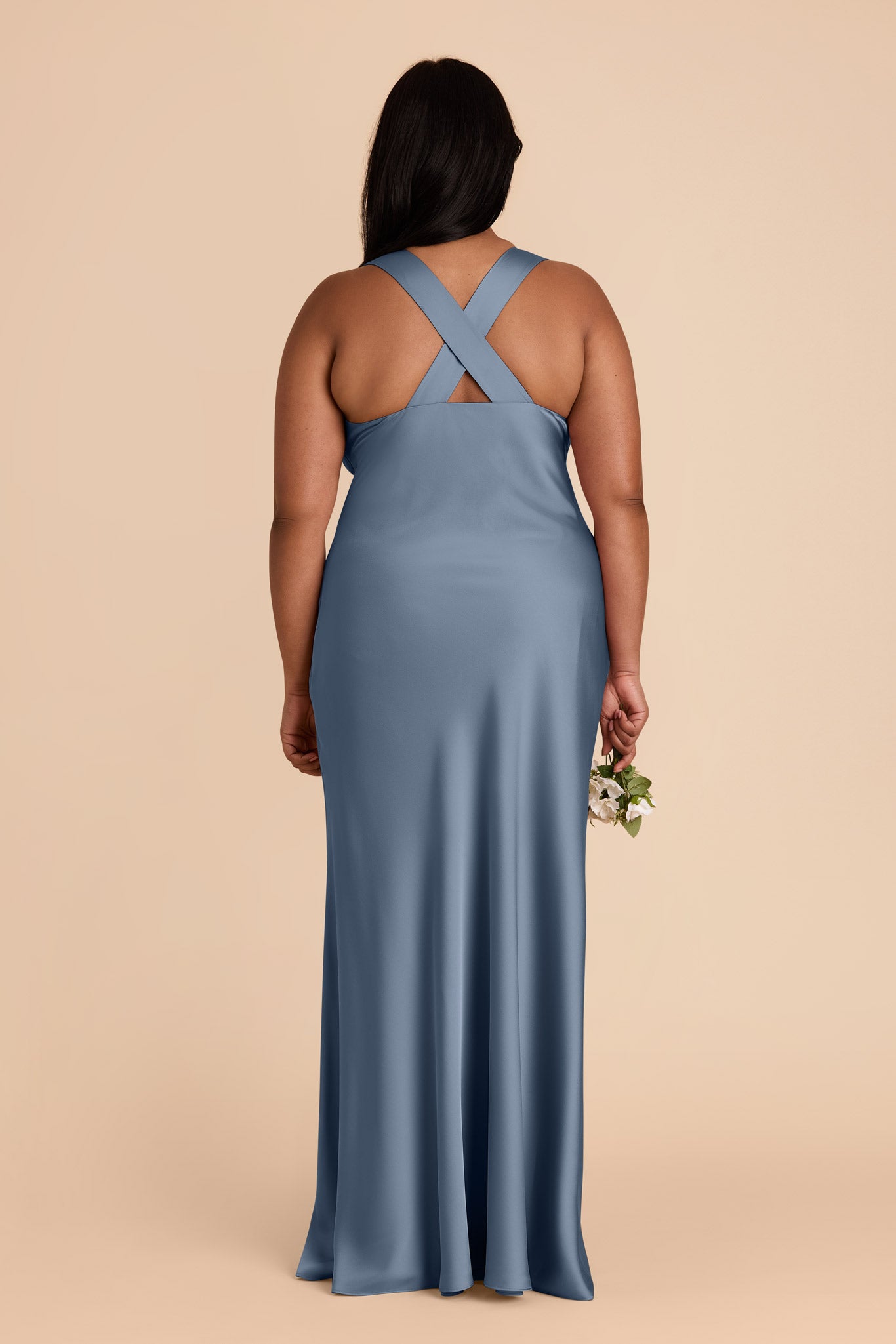 French Blue Satin Dress with V-Neck & A-Line Skirt | Veronica