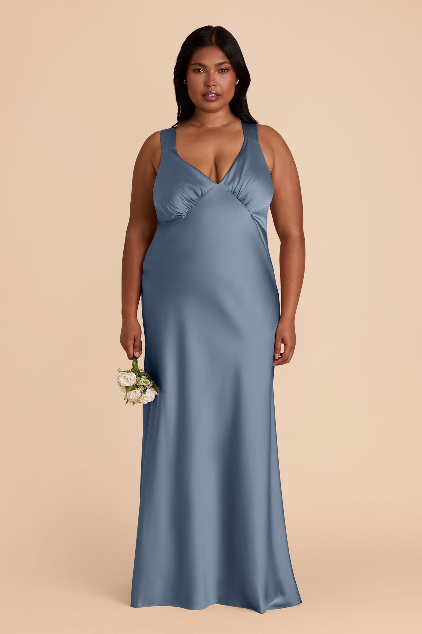 French Blue Satin Dress with V-Neck & A-Line Skirt | Veronica