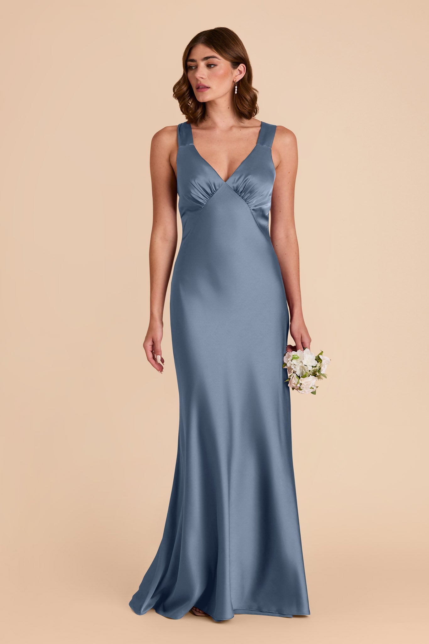 French Blue Satin Dress with V-Neck & A-Line Skirt | Veronica