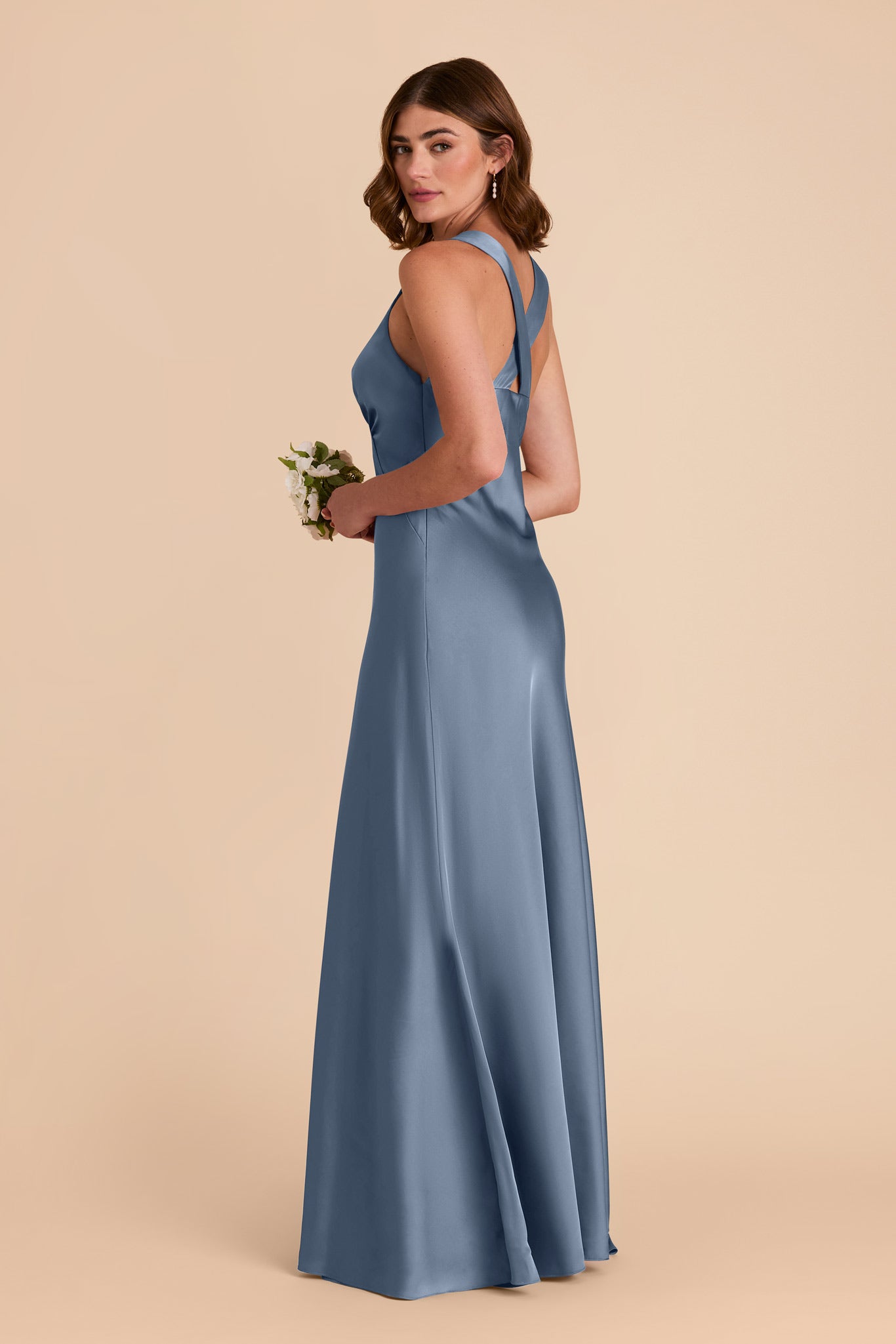 French Blue Satin Dress with V-Neck & A-Line Skirt | Veronica