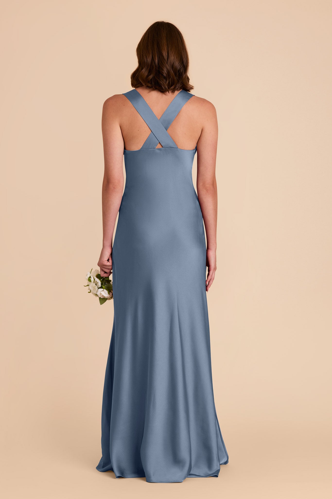 French Blue Satin Dress with V-Neck & A-Line Skirt | Veronica