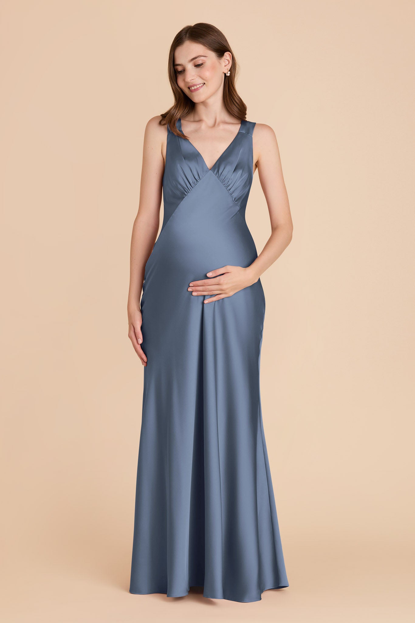 French Blue Satin Dress with V-Neck & A-Line Skirt | Veronica