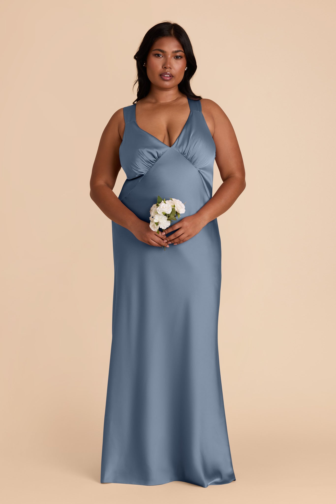 French Blue Satin Dress with V-Neck & A-Line Skirt | Veronica