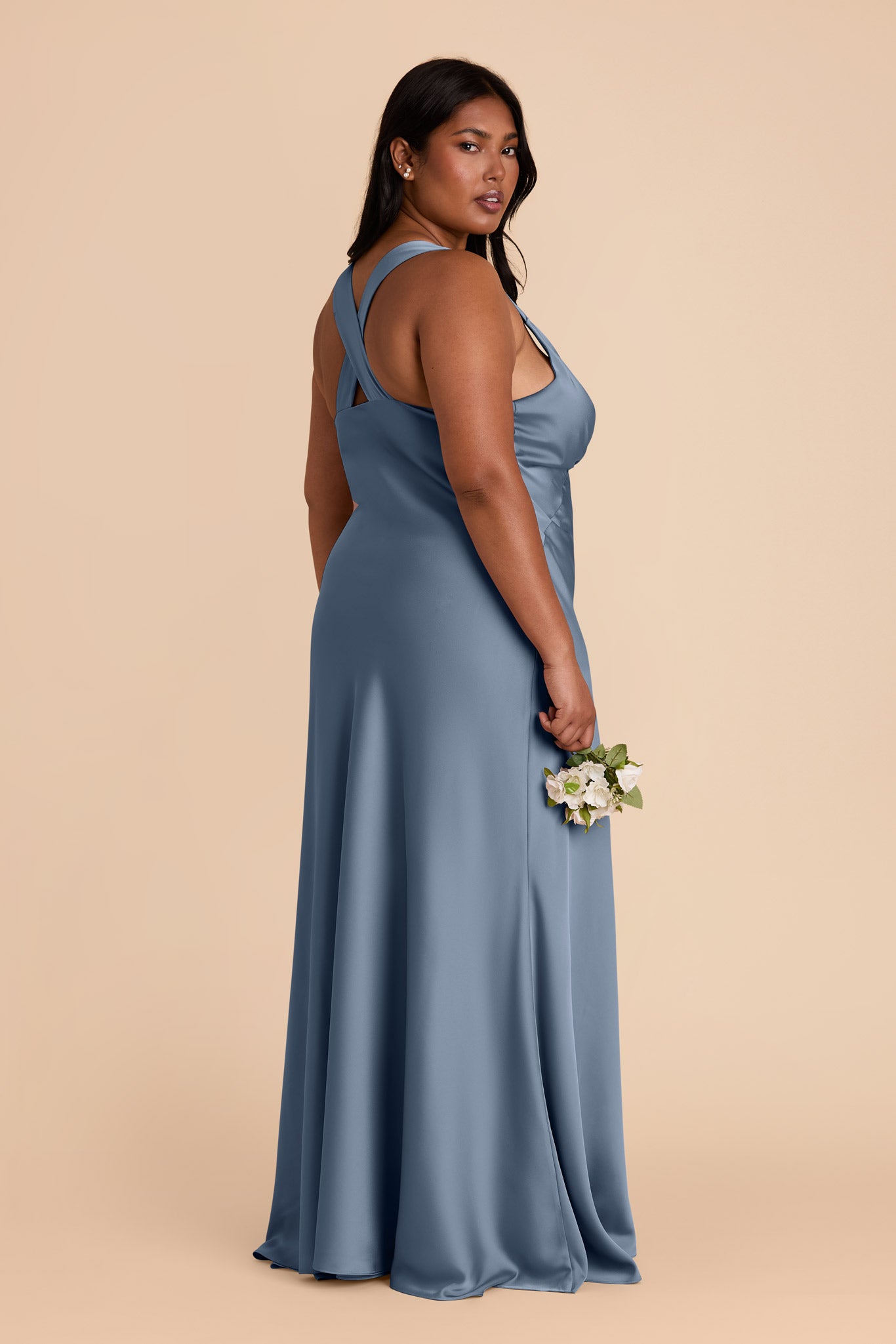 French Blue Satin Dress with V-Neck & A-Line Skirt | Veronica