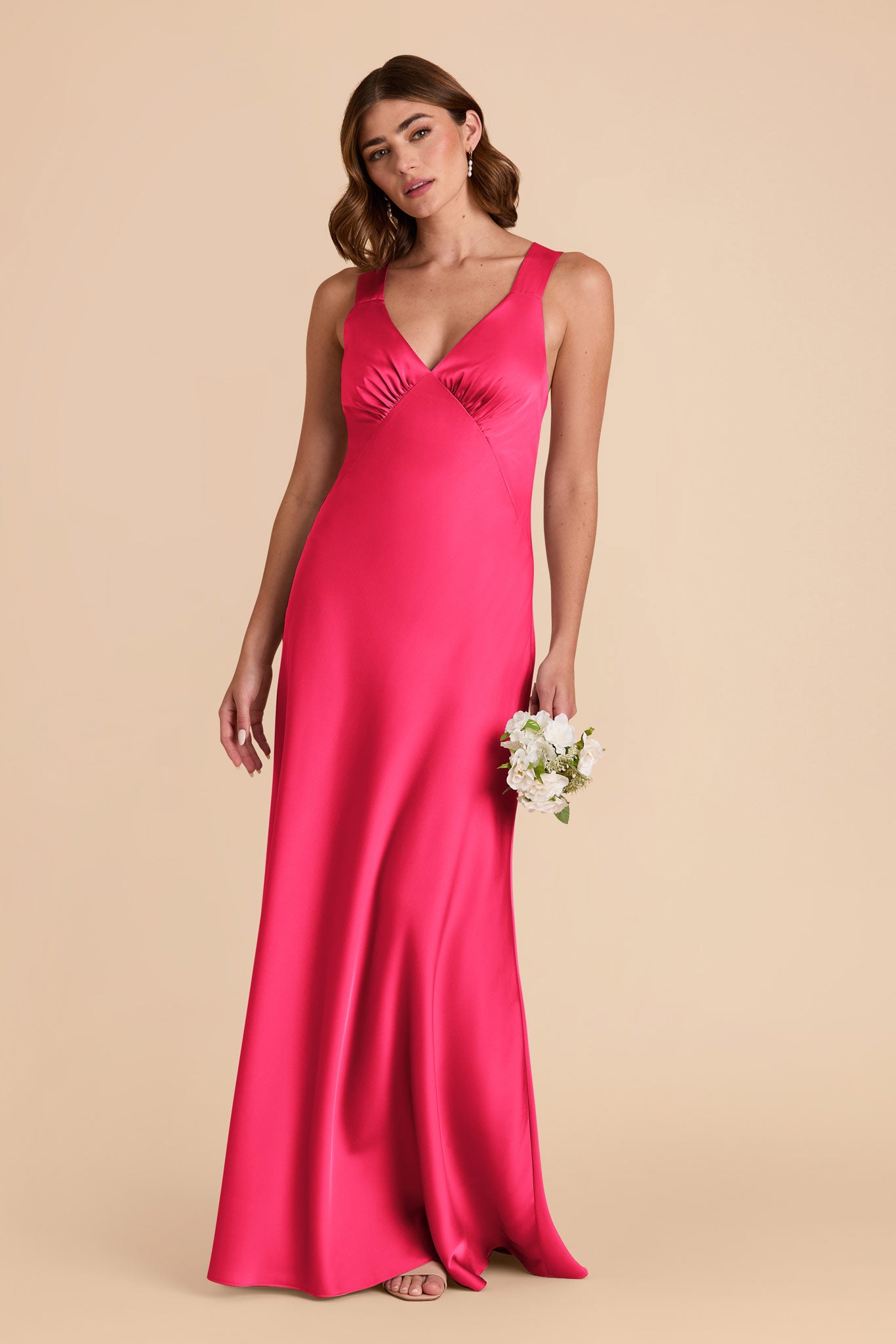 Fuchsia Matte Satin Dress with V-Neck & A-Line Skirt | Veronica