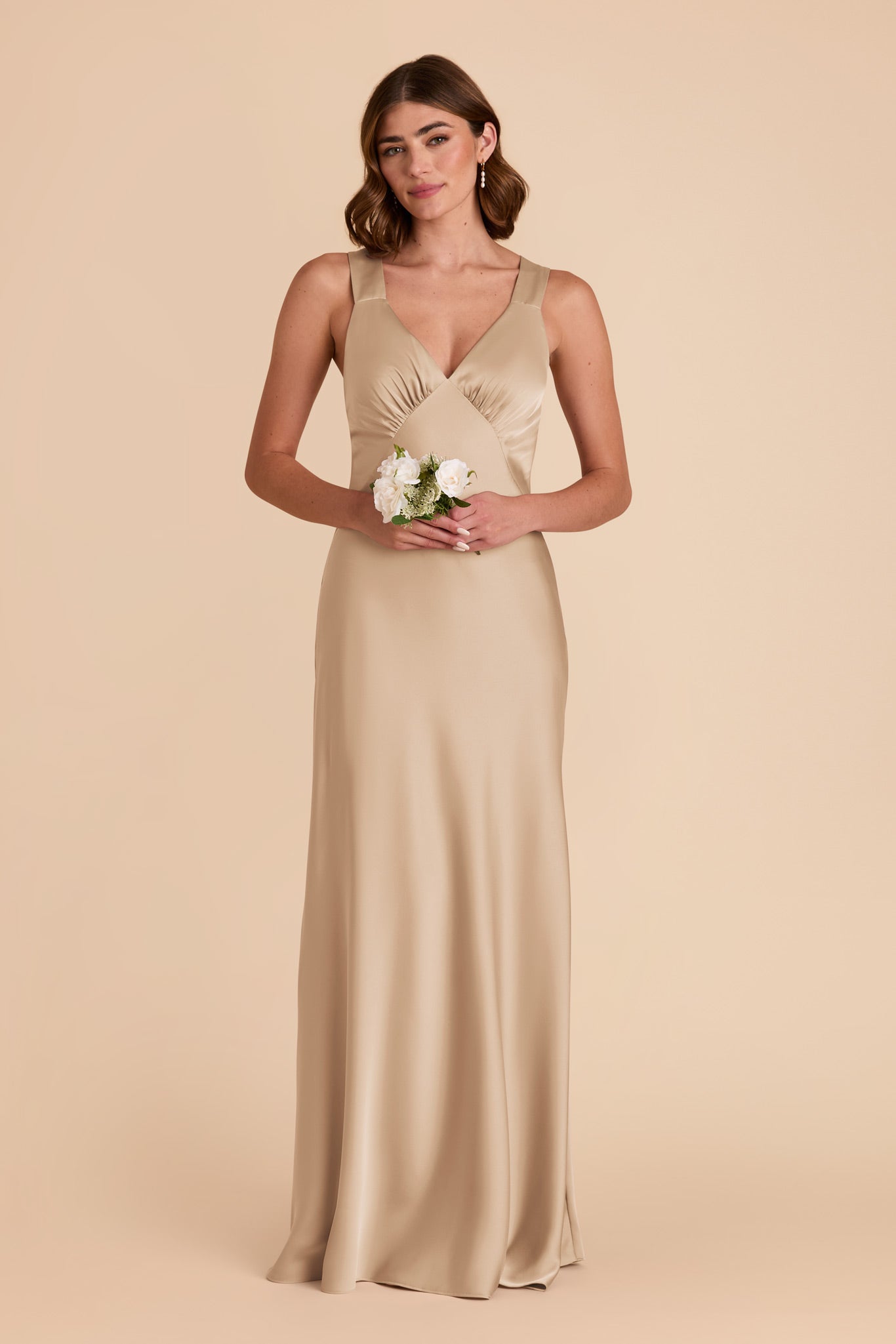 Gold Matte Satin Dress with V-Neck & A-Line Skirt | Veronica