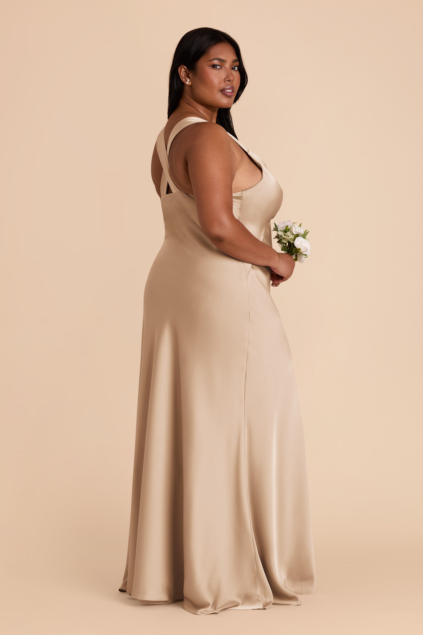 Gold Matte Satin Dress with V-Neck & A-Line Skirt | Veronica