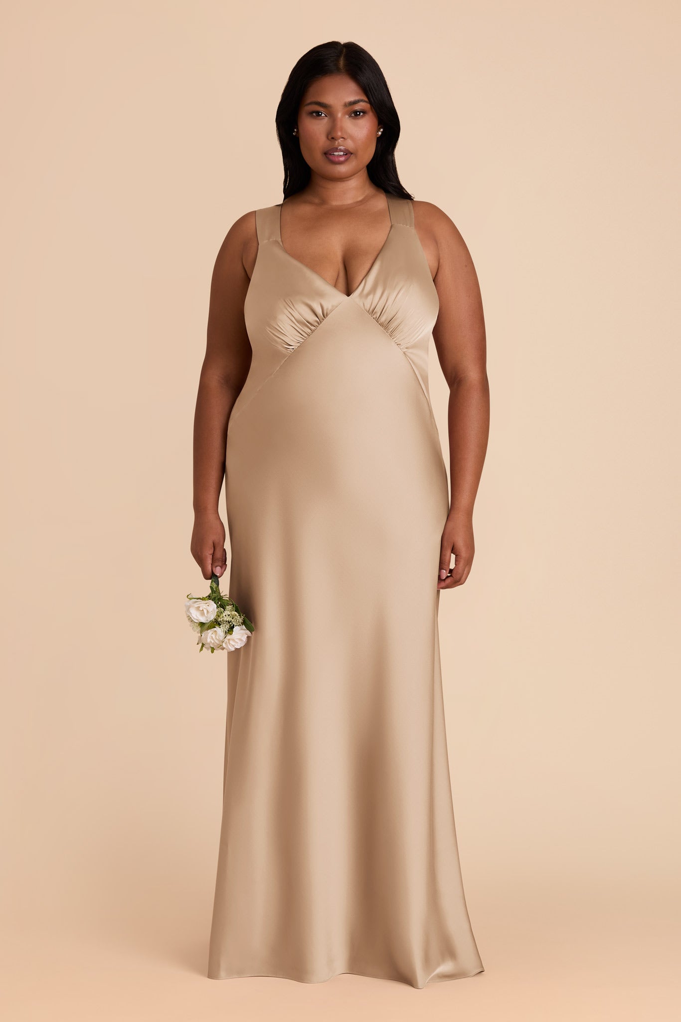Gold Matte Satin Dress with V-Neck & A-Line Skirt | Veronica