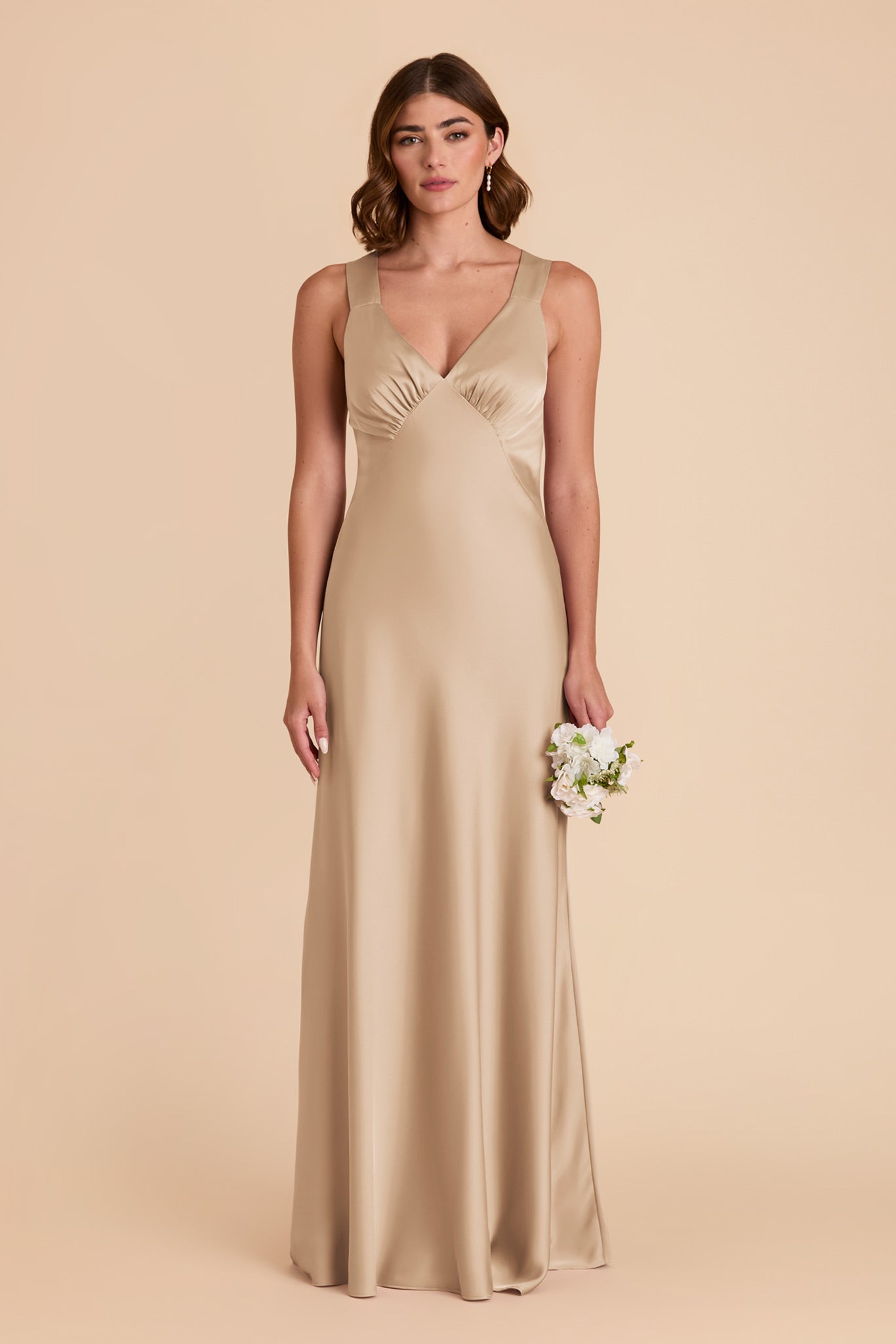 Gold Matte Satin Dress with V-Neck & A-Line Skirt | Veronica