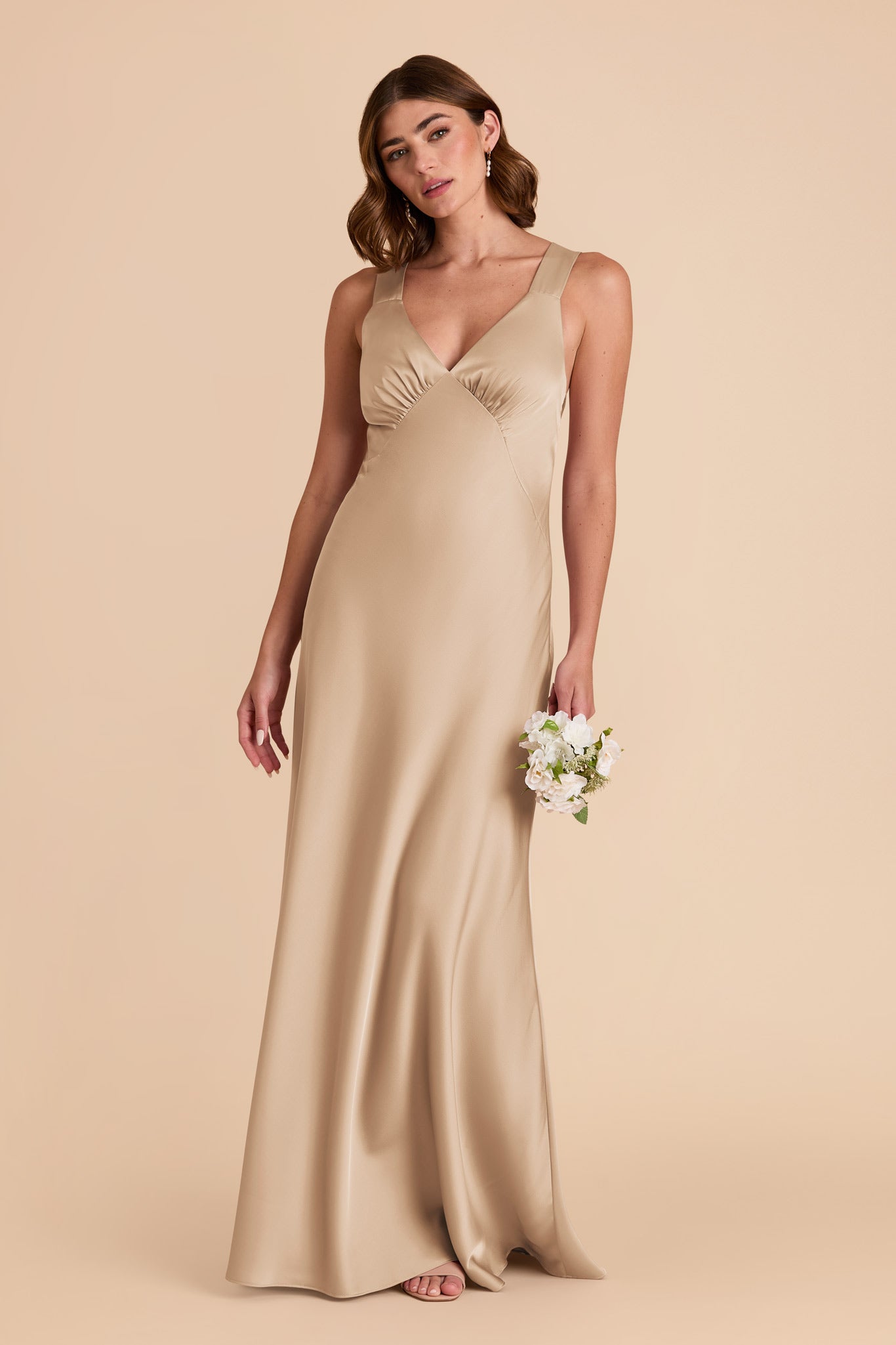 Gold Matte Satin Dress with V-Neck & A-Line Skirt | Veronica