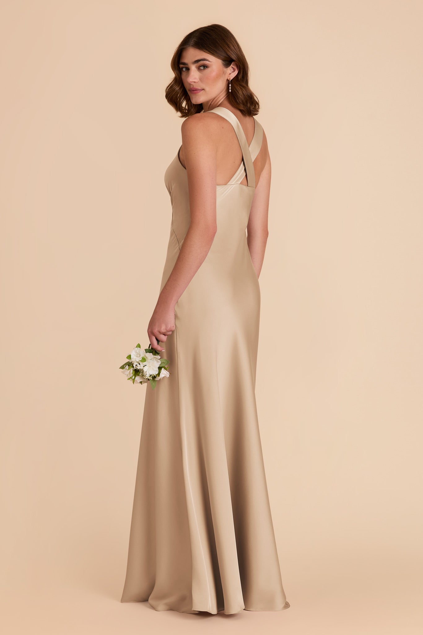 Gold Matte Satin Dress with V-Neck & A-Line Skirt | Veronica