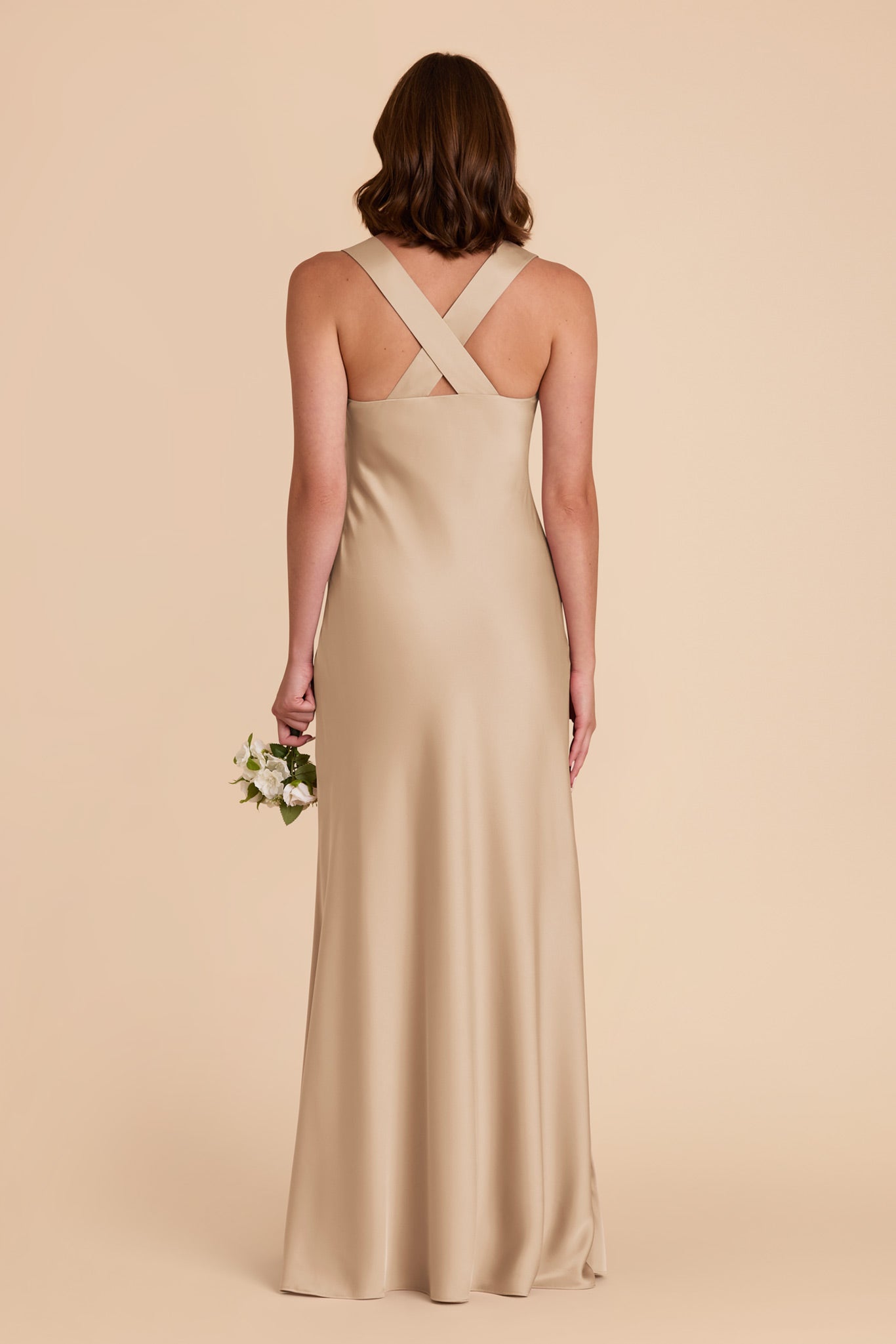 Gold Matte Satin Dress with V-Neck & A-Line Skirt | Veronica
