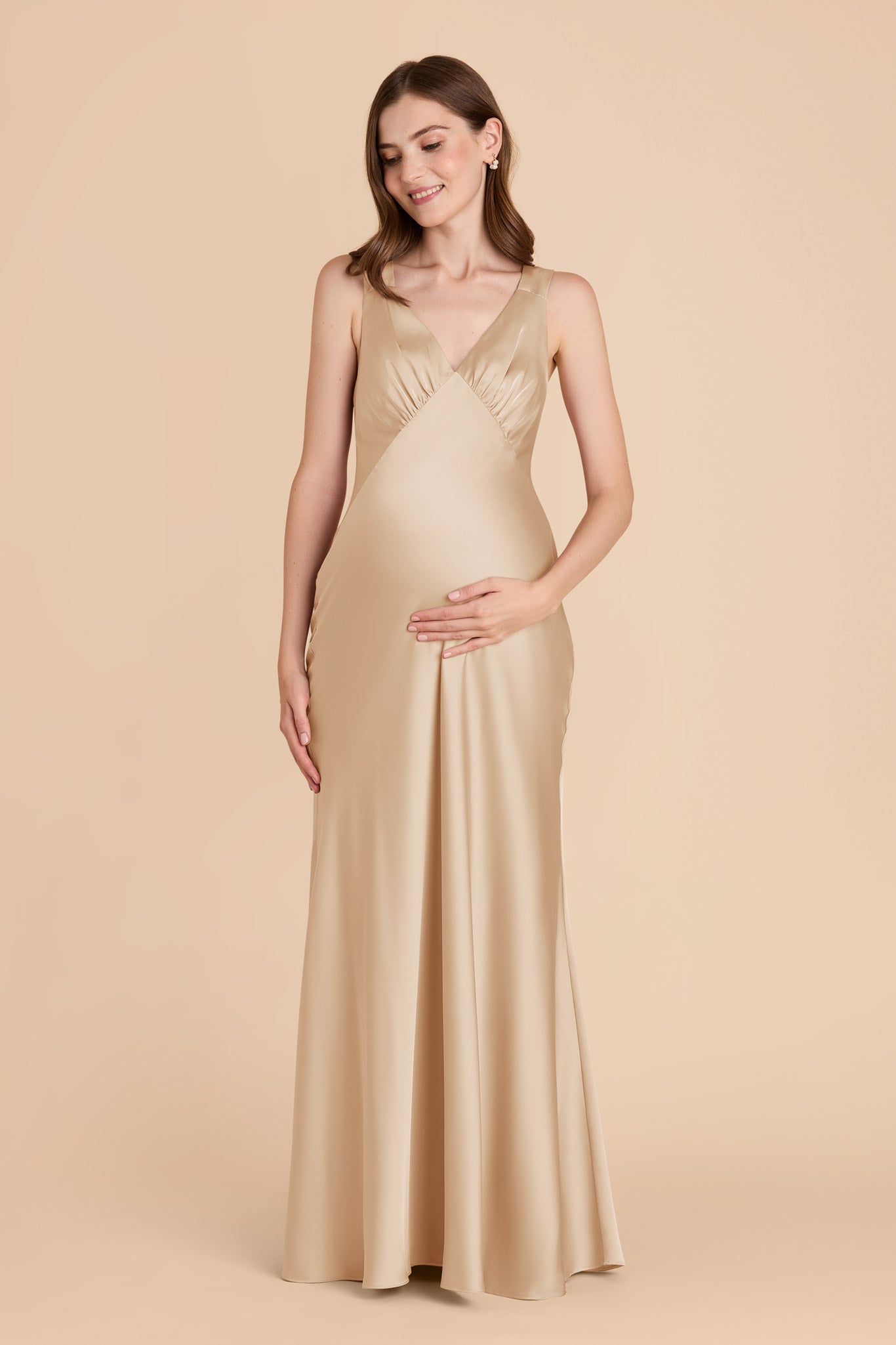 Gold Matte Satin Dress with V-Neck & A-Line Skirt | Veronica