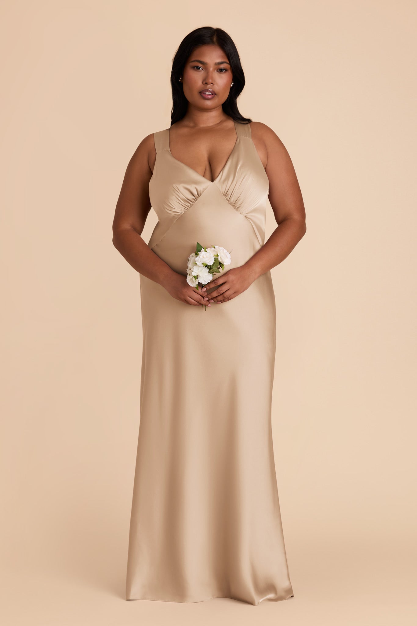 Gold Matte Satin Dress with V-Neck & A-Line Skirt | Veronica