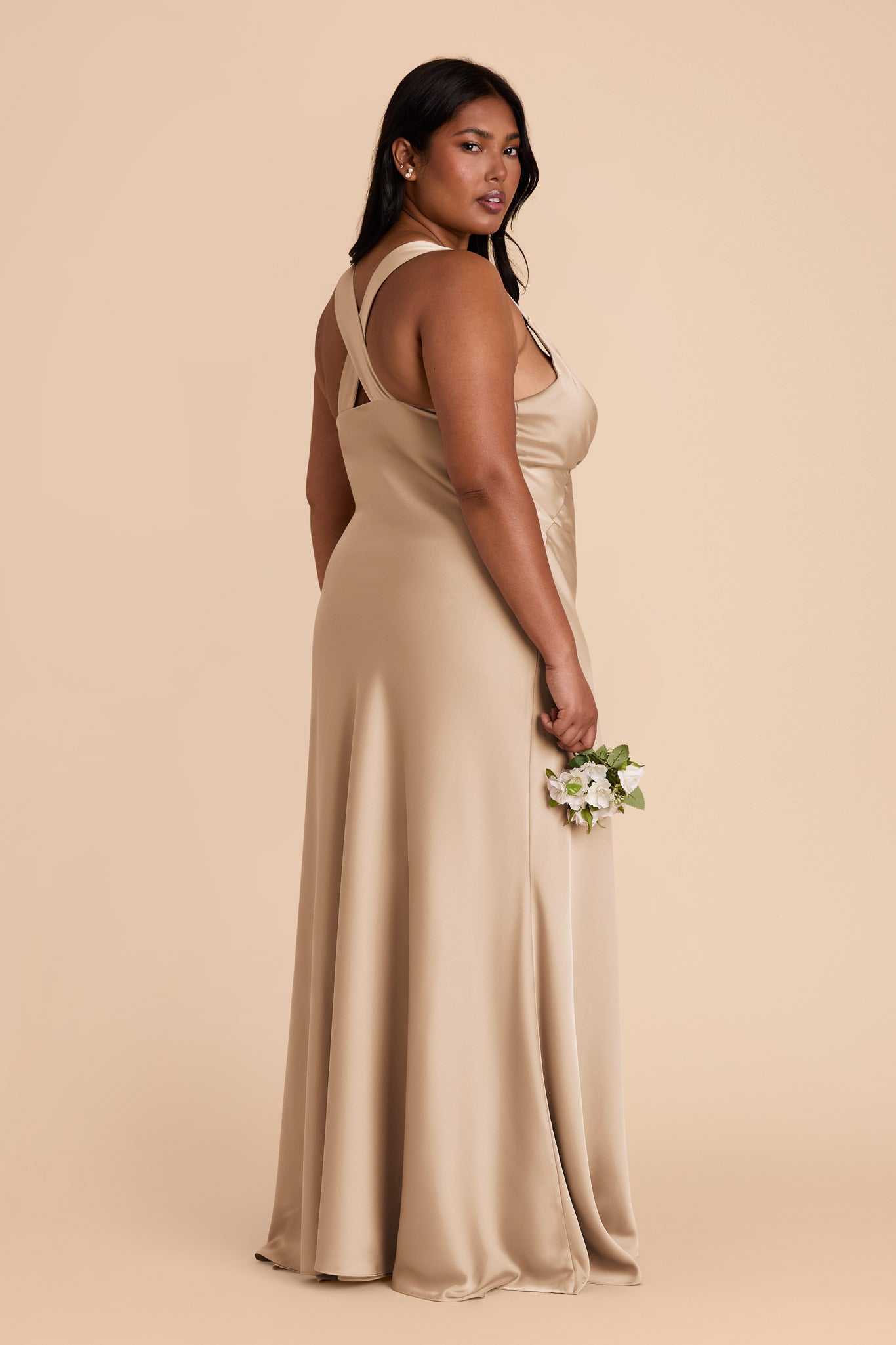 Gold Matte Satin Dress with V-Neck & A-Line Skirt | Veronica