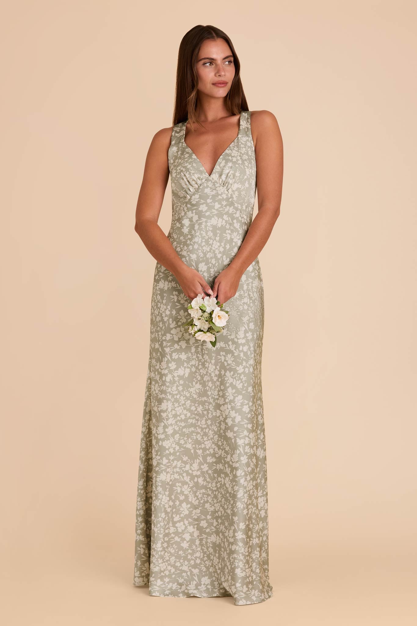 Matte Satin Dress with Deep V Neck | Veronica Moss Green Floral