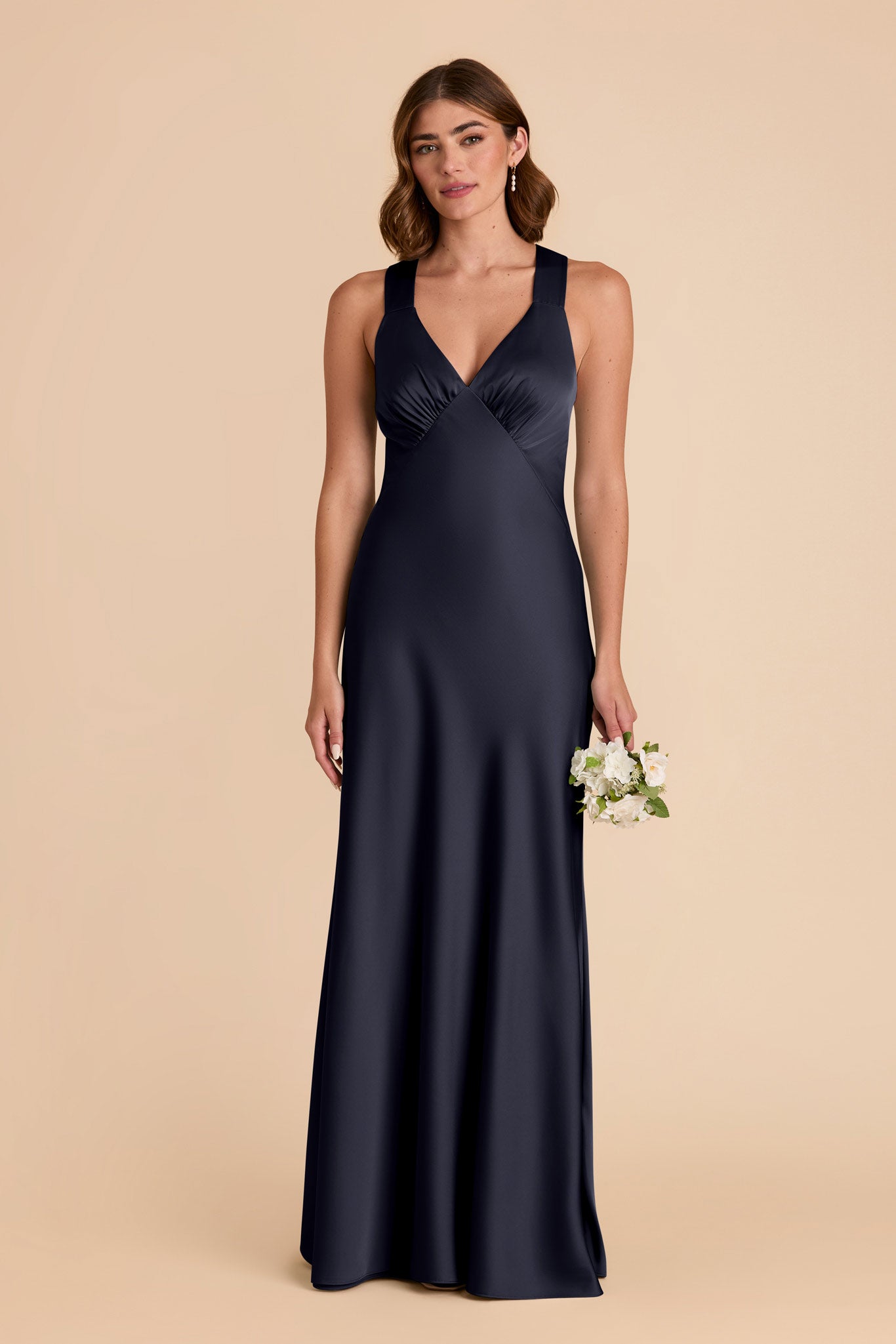 Navy Satin V-Neck A-Line Dress | Veronica Matte