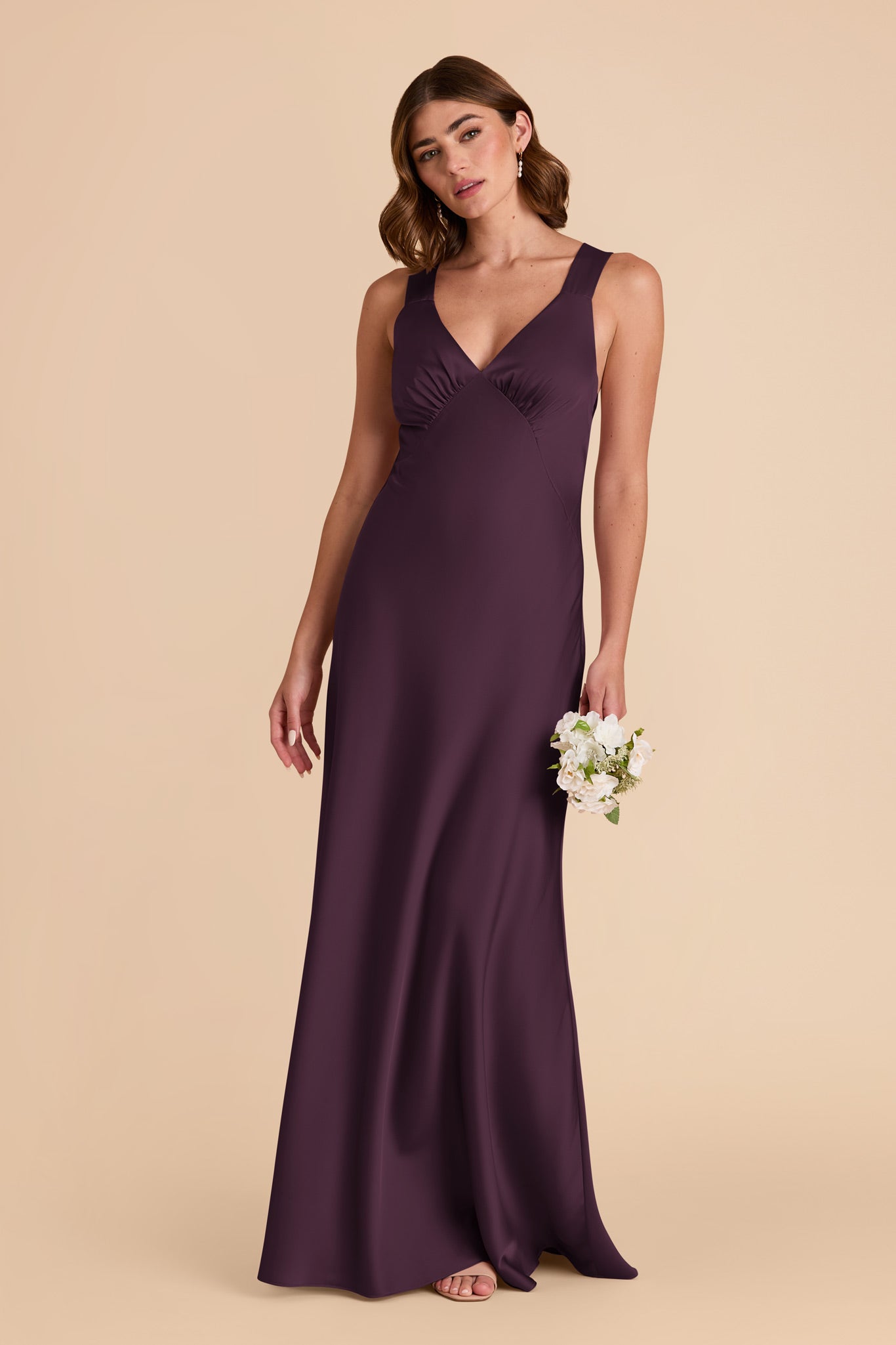 Plum Satin V-Neck Dress with A-Line Skirt | Veronica