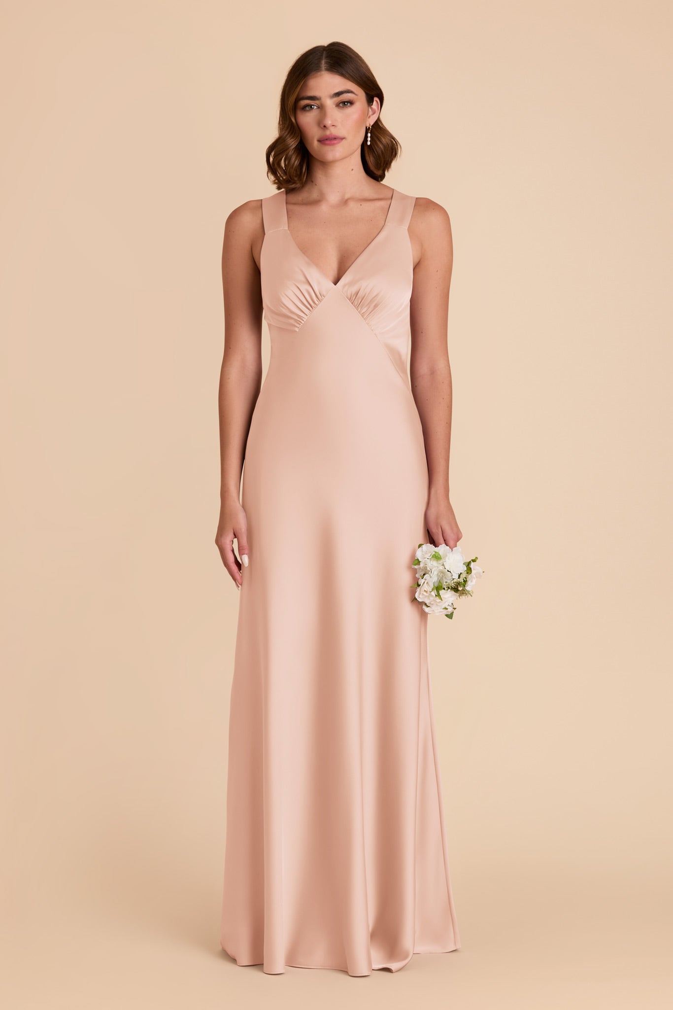 Matte Satin Dress with V-Neck & A-Line Skirt | Veronica Rose Gold