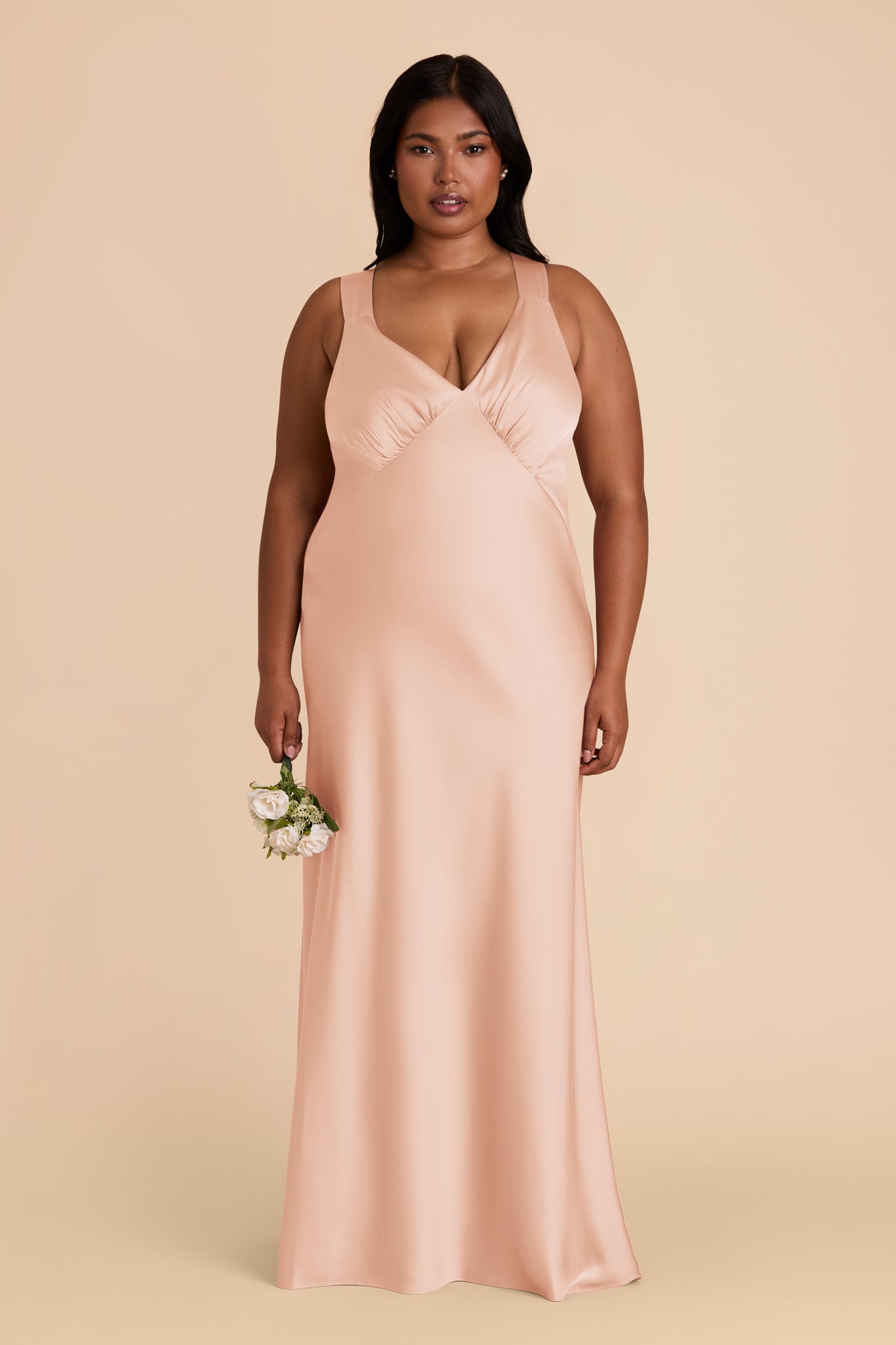 Matte Satin Dress with V-Neck & A-Line Skirt | Veronica Rose Gold