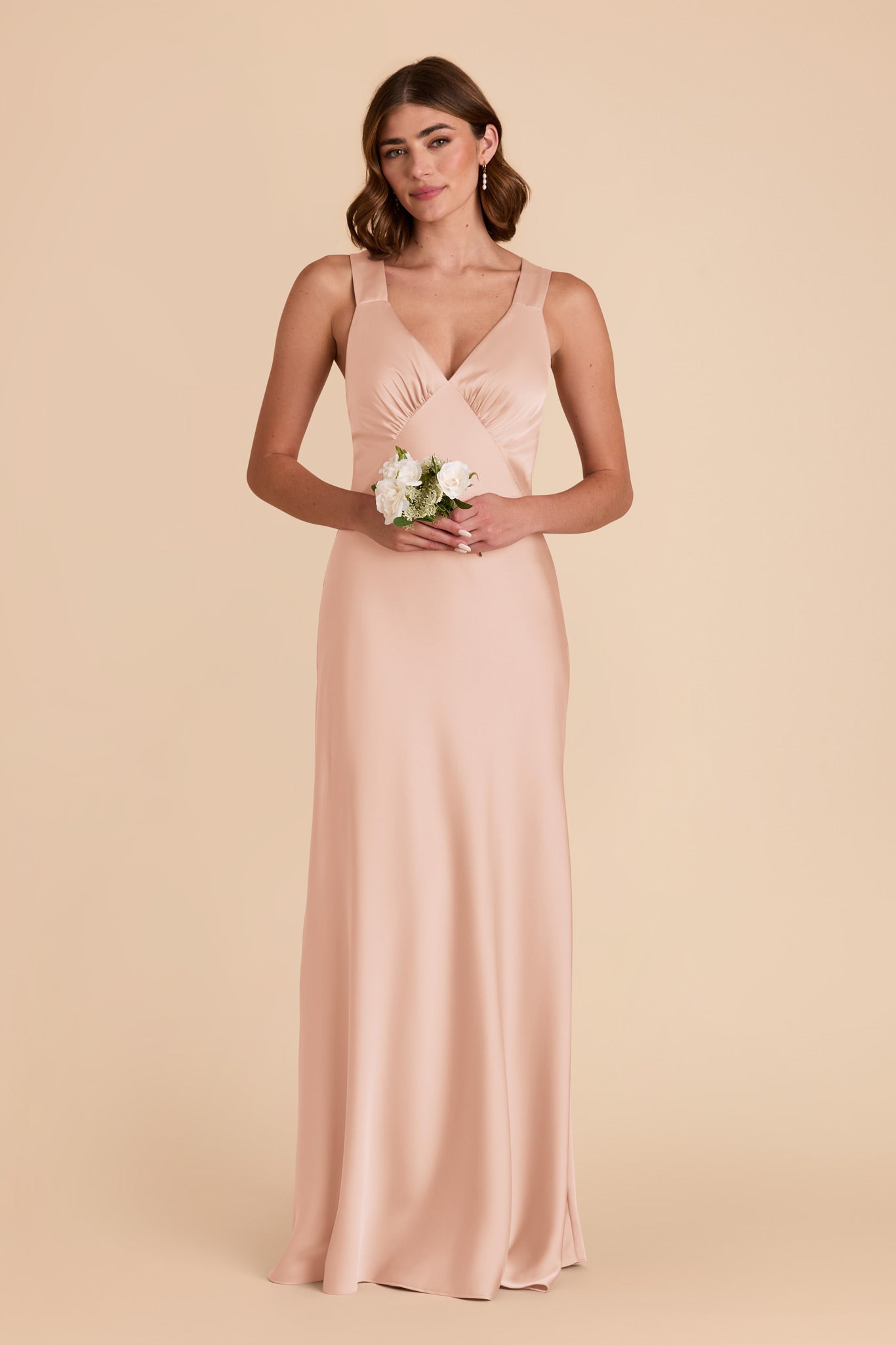 Matte Satin Dress with V-Neck & A-Line Skirt | Veronica Rose Gold