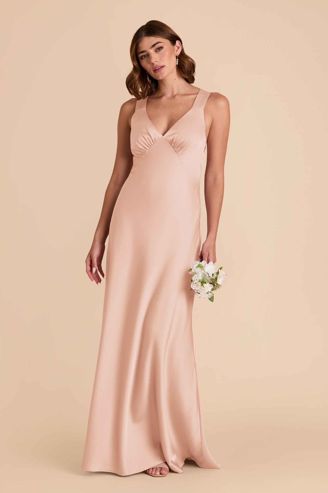 Matte Satin Dress with V-Neck & A-Line Skirt | Veronica Rose Gold