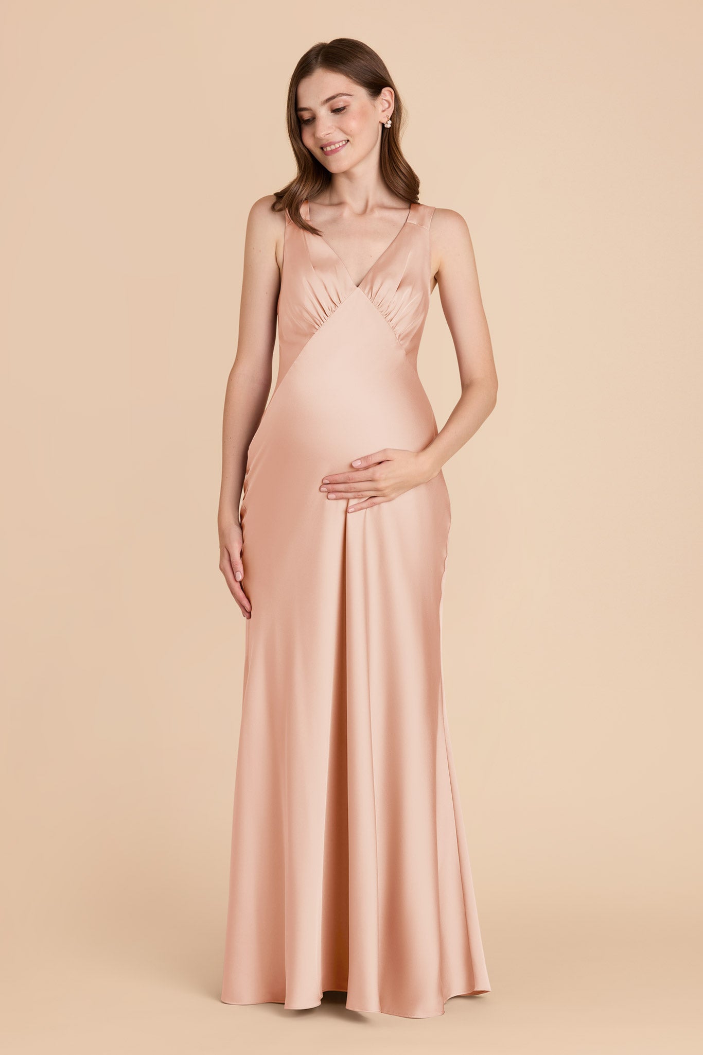 Matte Satin Dress with V-Neck & A-Line Skirt | Veronica Rose Gold